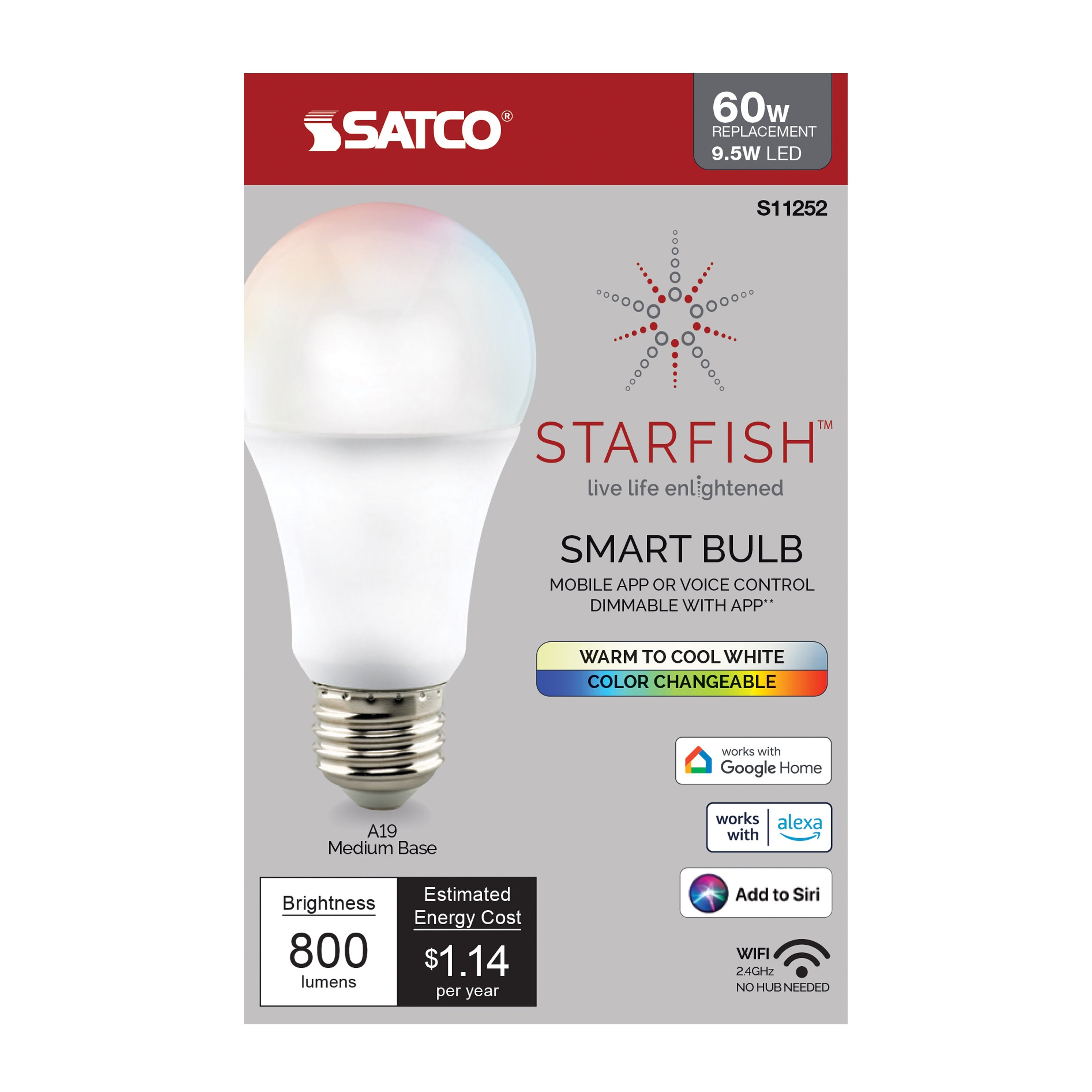 Picture of S11252 - 9.5 Watt - A19 LED - RGB & Tunable White - Starfish IOT - 120 Volt - 800 Lumens