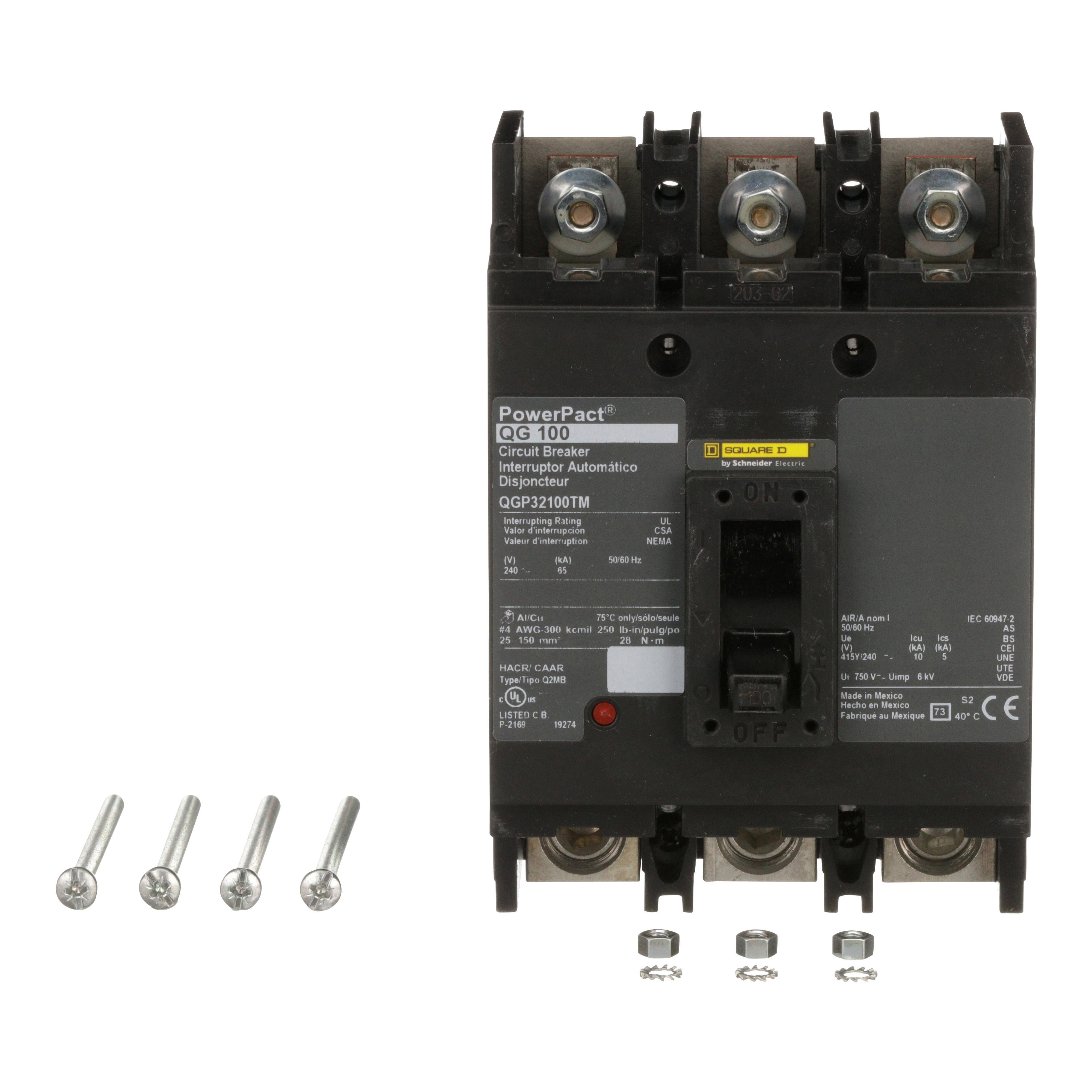 Picture of QGP32100TM - Circuit breaker, PowerPacT Q, 100A, 3 pole, 240VAC, 65kA, lugs, thermal magnetic, 80%, bottom of panel