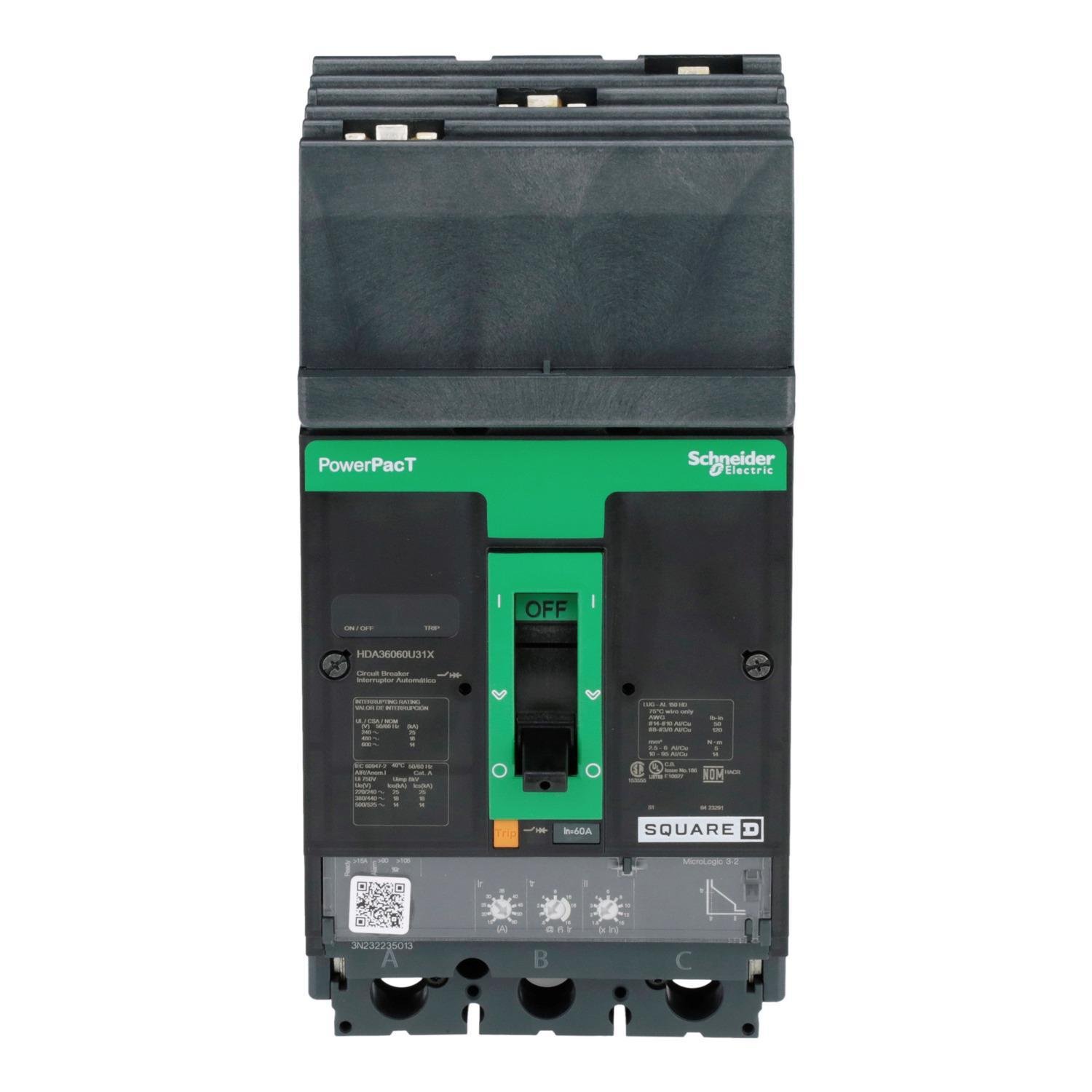 HDA36060U31X - Circuit breaker, PowerPacT H, 60A, 3 pole, 600VAC, 14kA, I-Line, Micrologic 3.2, 80%, ABC
