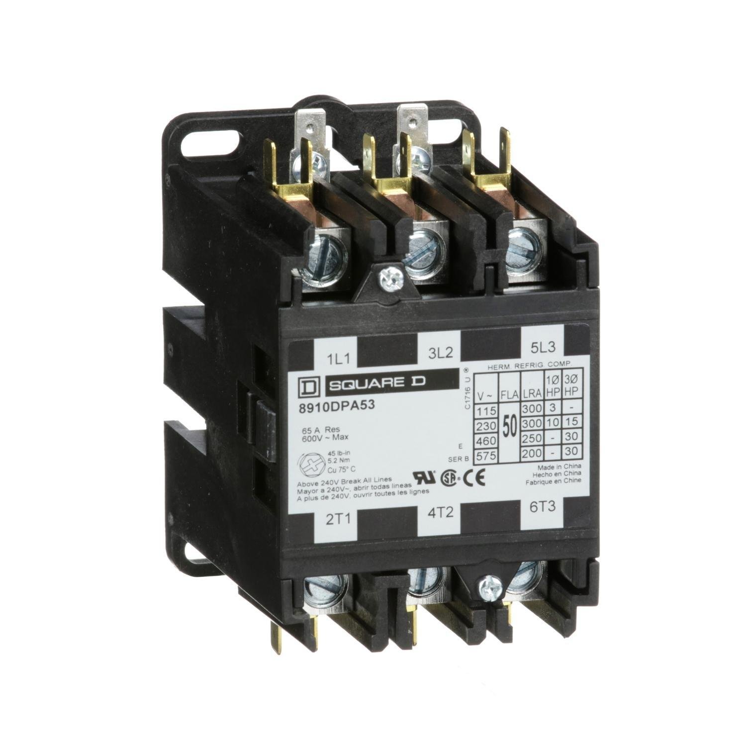 Picture of 8910DPA53V14 - Contactor, Definite Purpose, 50A, 3 pole, 30HP at 575VAC, 3 phase, 24/24VAC 50/60Hz coil, open