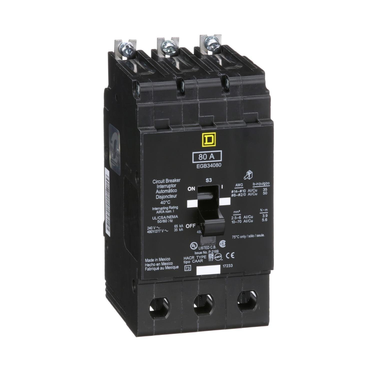 EGB34080 - Mini circuit breaker, E-Frame, 80A, 3 pole, 480Y/277VAC, 65kA max, bolt on [TAA]