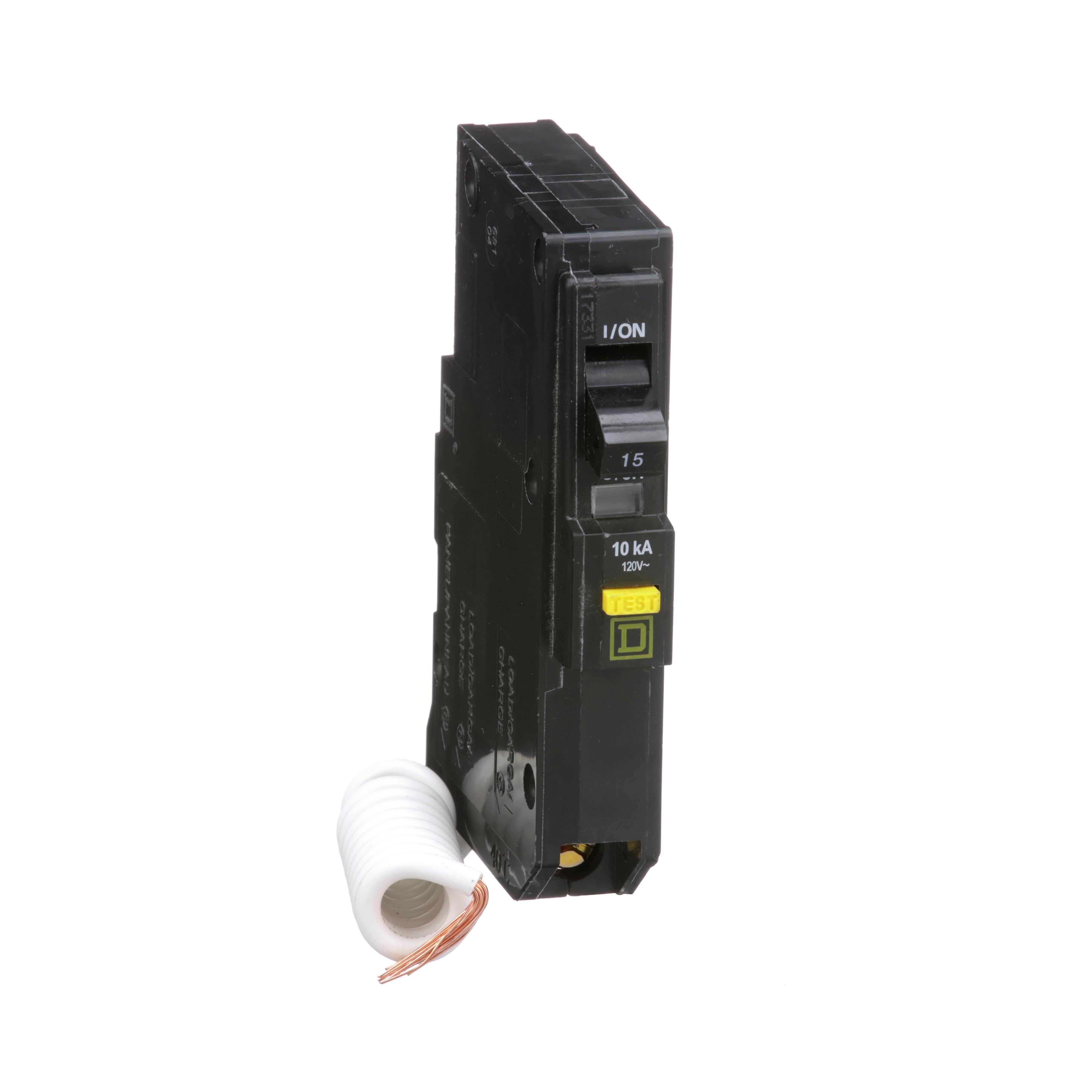 QO115GFI - [TAA] Mini circuit breaker, QO, 15A, 1 pole, 120VAC, 10kA, plug in, 6mA grd fault A, pigtail