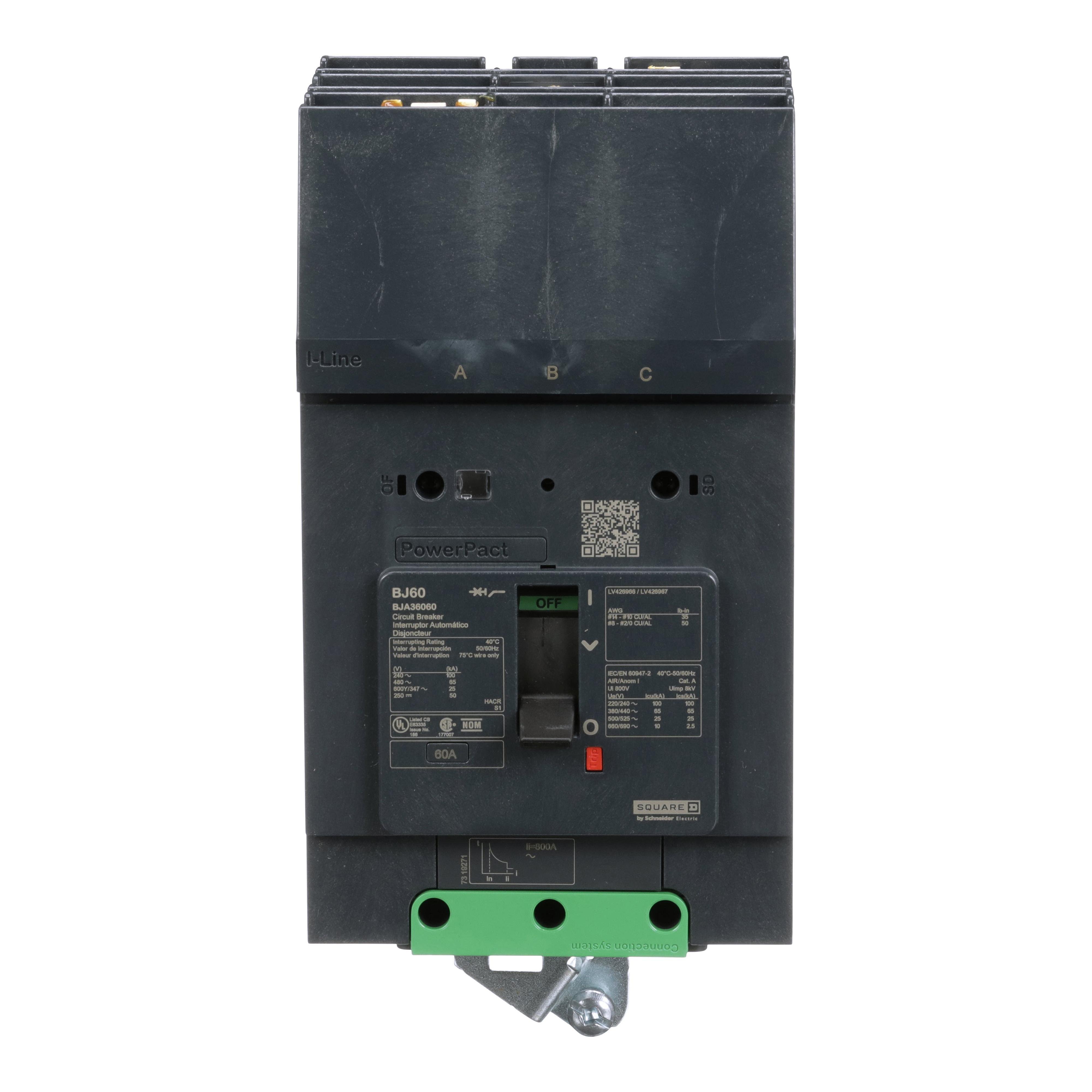 Picture of BJA36060 - Circuit breaker, PowerPacT B, 60A, 3 pole, 600Y/347VAC, 25kA, I-Line, thermal magnetic, 80%, ABC