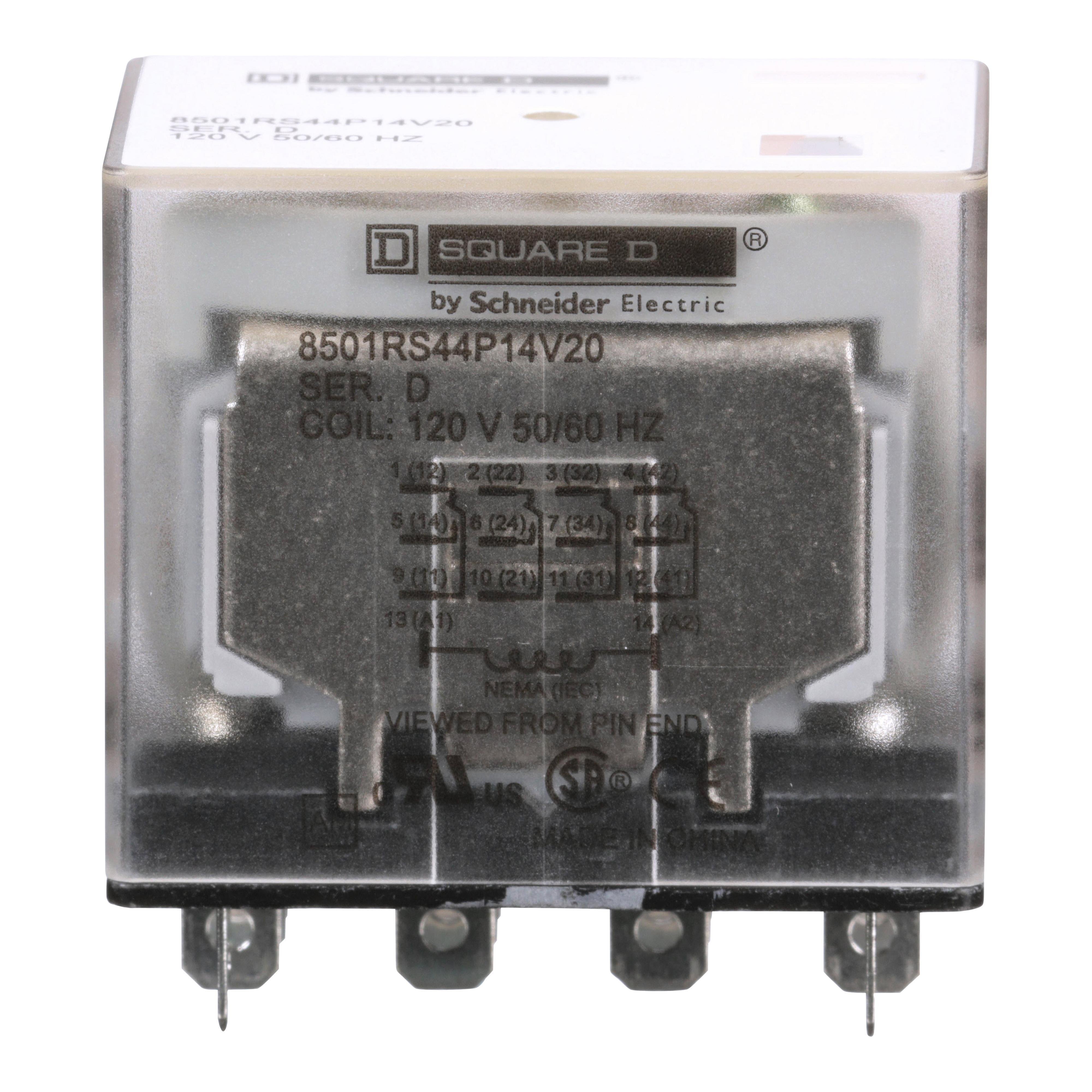 8501RS44P14V20 - Plug in relay, Type R, miniature, 1 HP at 277 VAC, 15A resistive at 120 VAC, 14 blade, 4PDT, 4 NO, 4 NC, 120 VAC coil