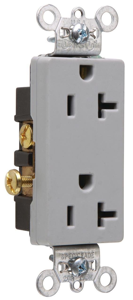 26342-GRY - 20A 125V Heavy Duty Spec-Grade Decorator Duplex Receptacle, Back and Side Wire, Gray