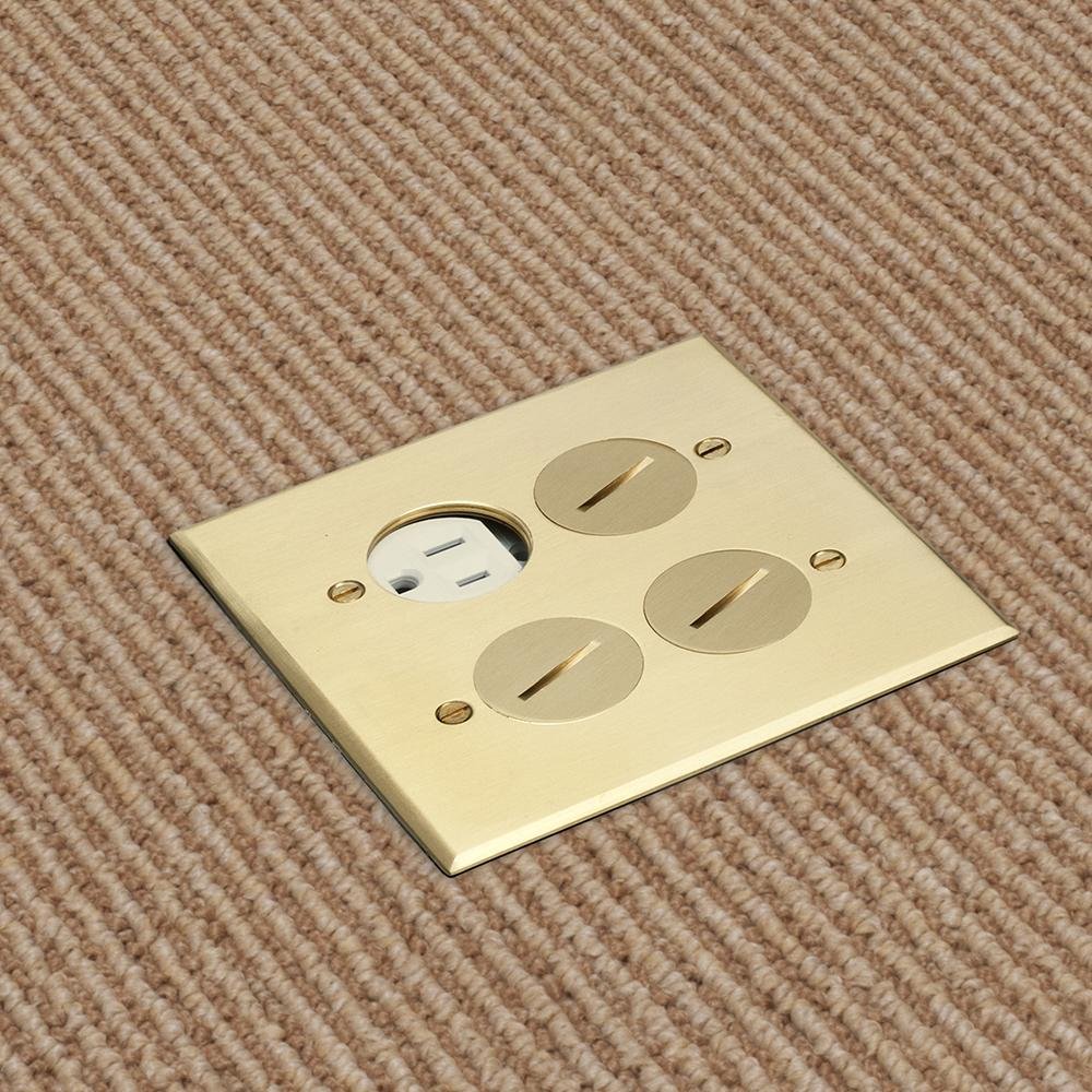 FLB5541MB - Floor box kit with steel box and metallic cover with four threaded plugs. Two Gang. Brass.