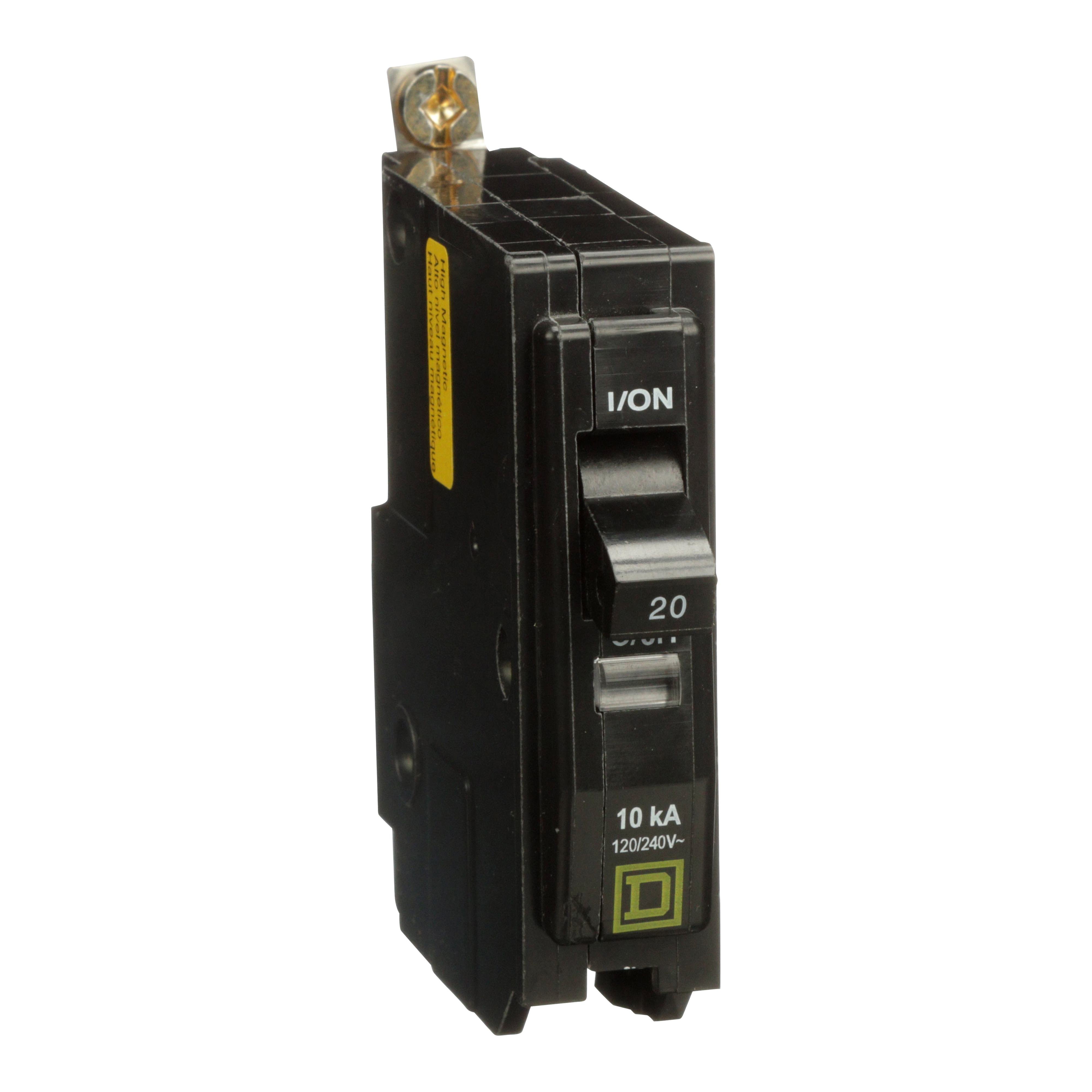 QOB120HM - Mini circuit breaker, QO, 20A, 1 pole, 120VAC, 10kA, bolt on, high magnetic