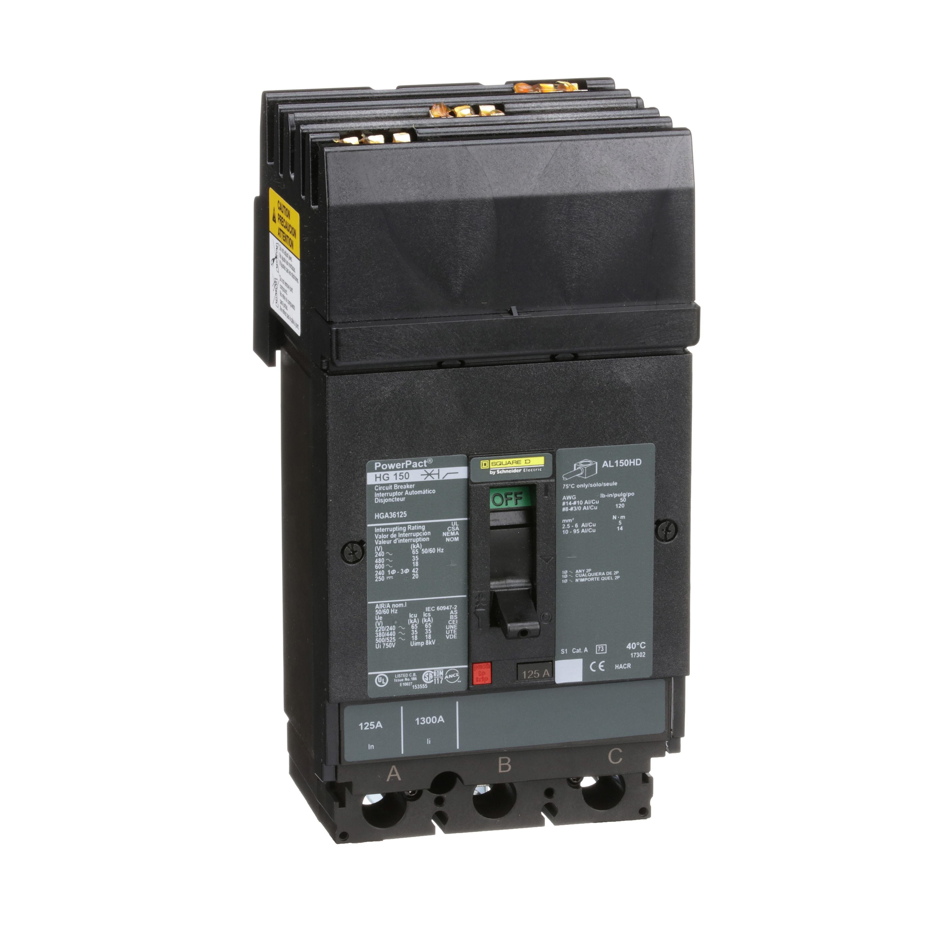 HGA36125 - Circuit breaker, PowerPacT H, 125A, 3 pole, 600VAC, 18kA, I-Line, thermal magnetic, 80%, ABC