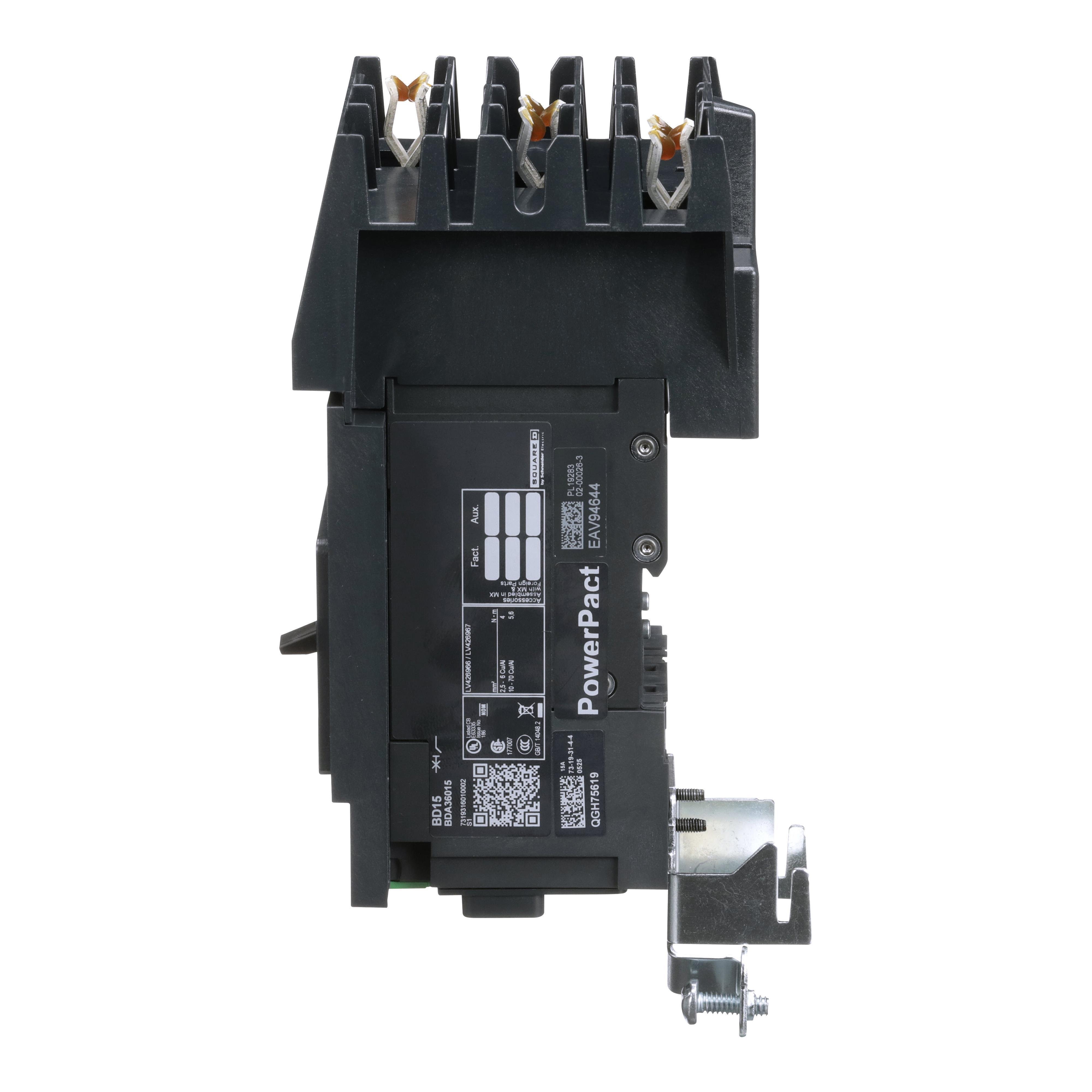 Picture of BDA36015 - Circuit breaker, PowerPacT B, 15A, 3 pole, 600Y/347VAC, 14kA, I-Line, thermal magnetic, 80%, ABC