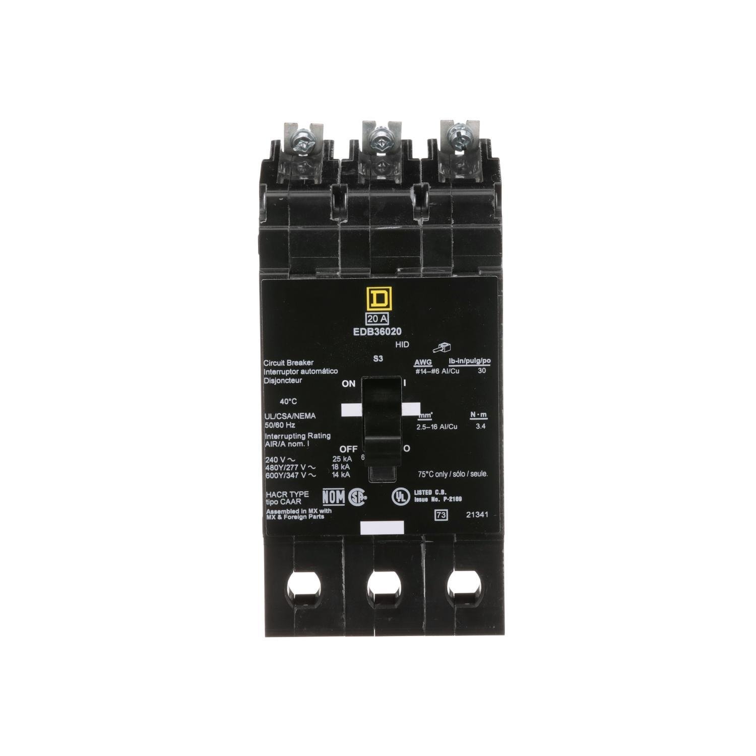 EDB36080 - Mini circuit breaker, E-Frame, 80A, 3 pole, 600Y/347VAC, 25kA max, bolt on [TAA]