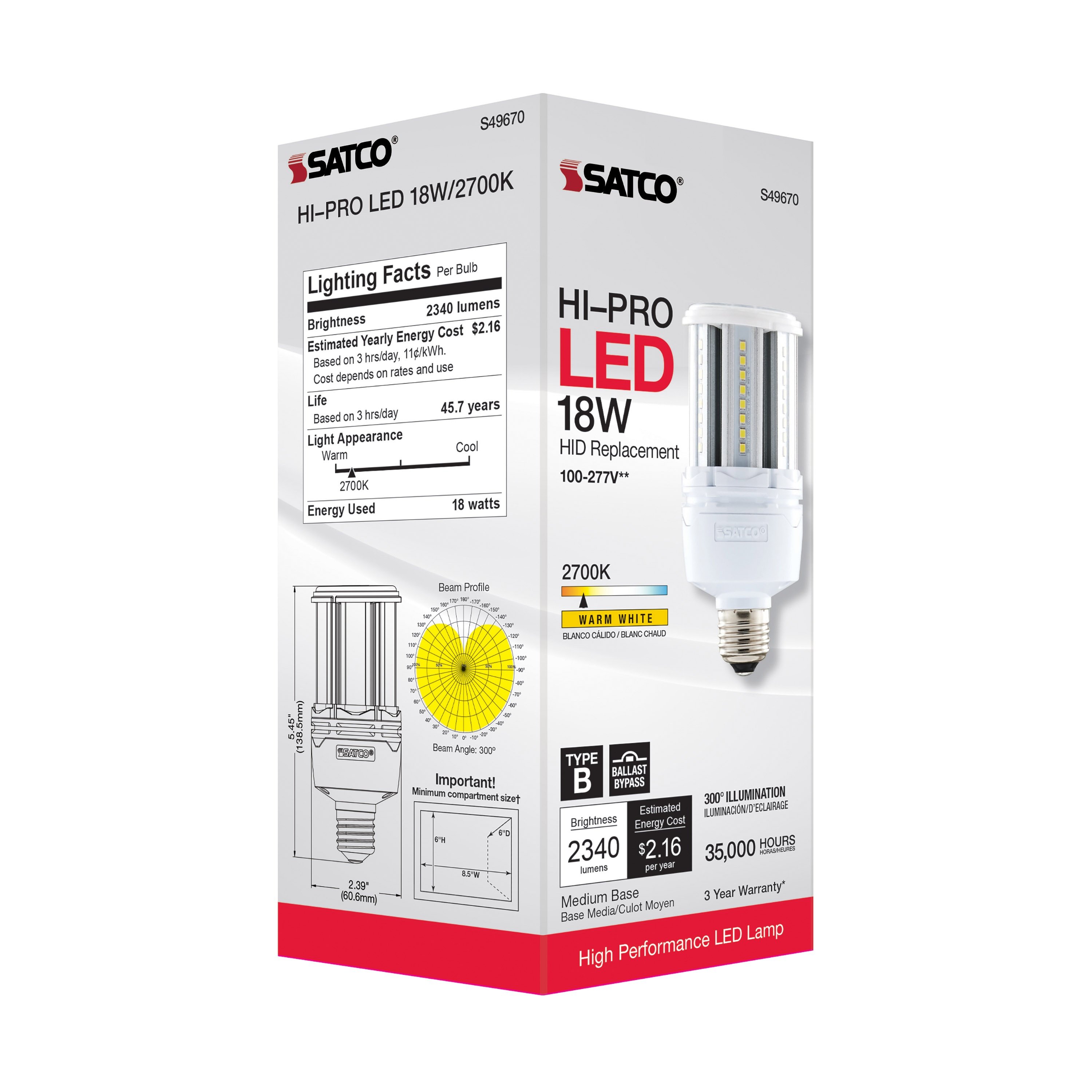 Picture of S49670 - 18 Watt LED HID Replacement - 80 CRI - 2700K - Type B - Ballast Bypass - Medium base - Economy Hi-Pro