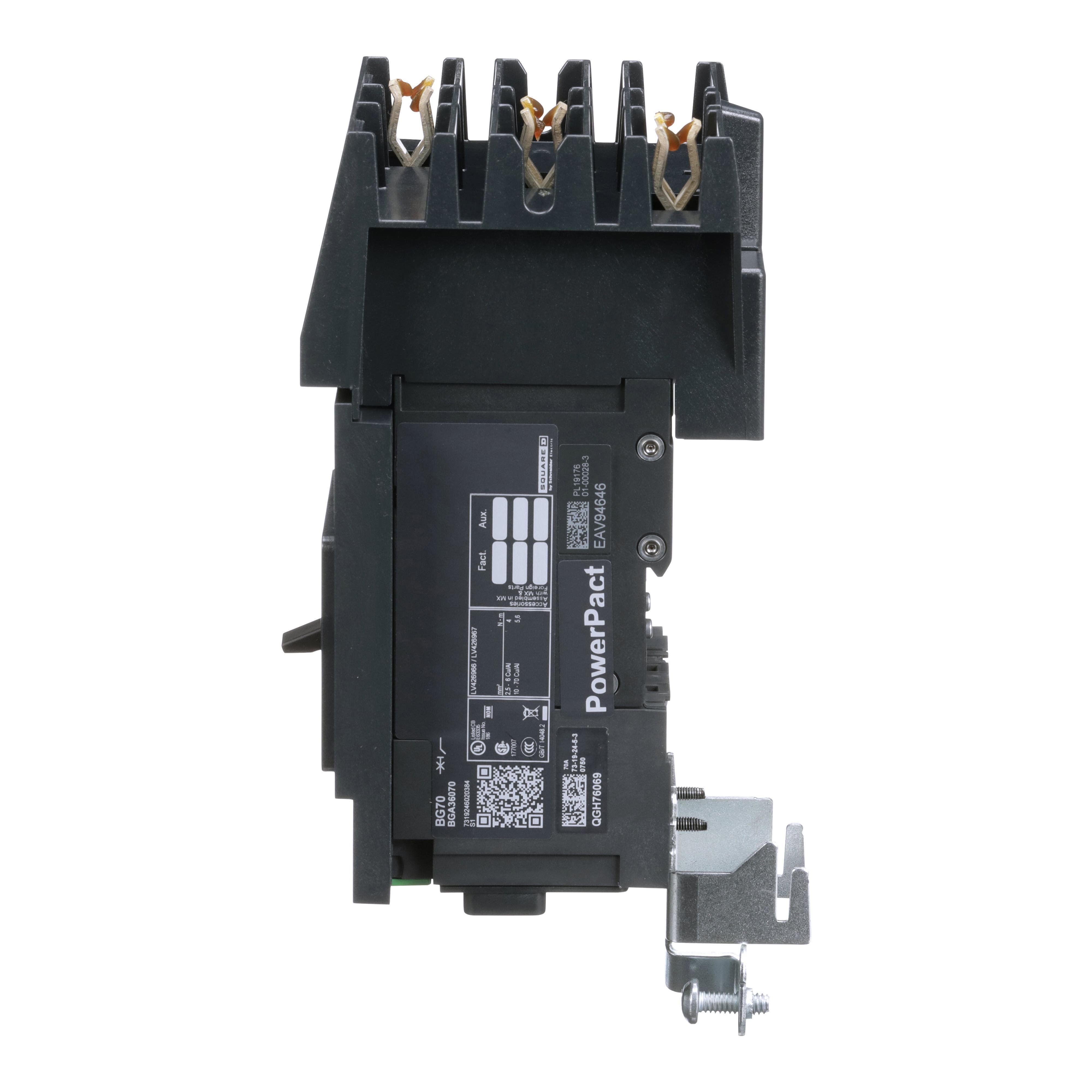 Picture of BGA36070 - Circuit breaker, PowerPacT B, 70A, 3 pole, 600Y/347VAC, 18kA, I-Line, thermal magnetic, 80%, ABC