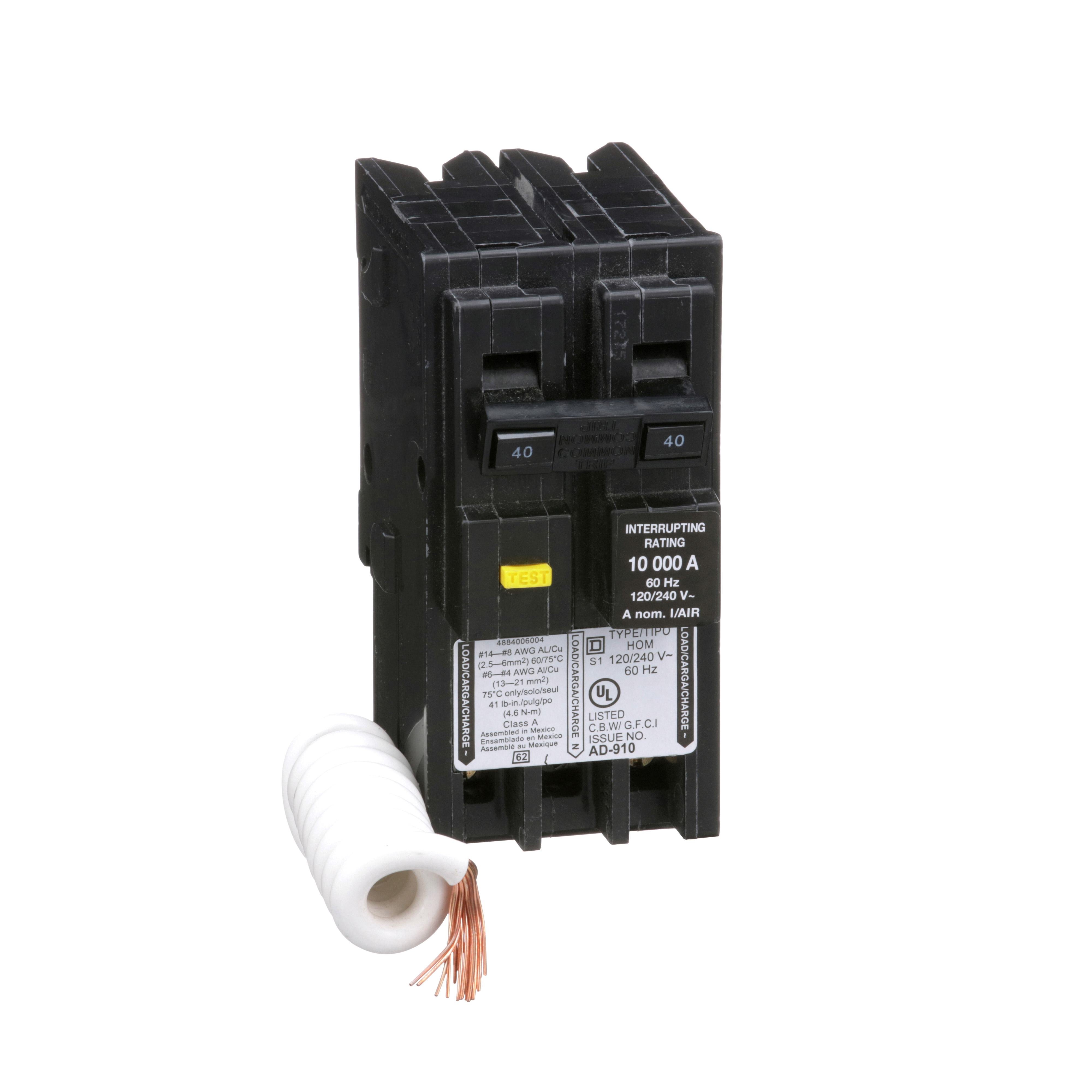 Picture of HOM240GFI - [TAA] Mini circuit breaker, Homeline, 40A, 2 pole, 120/240VAC, 10kA AIR, ground fault class A, plug in, UL