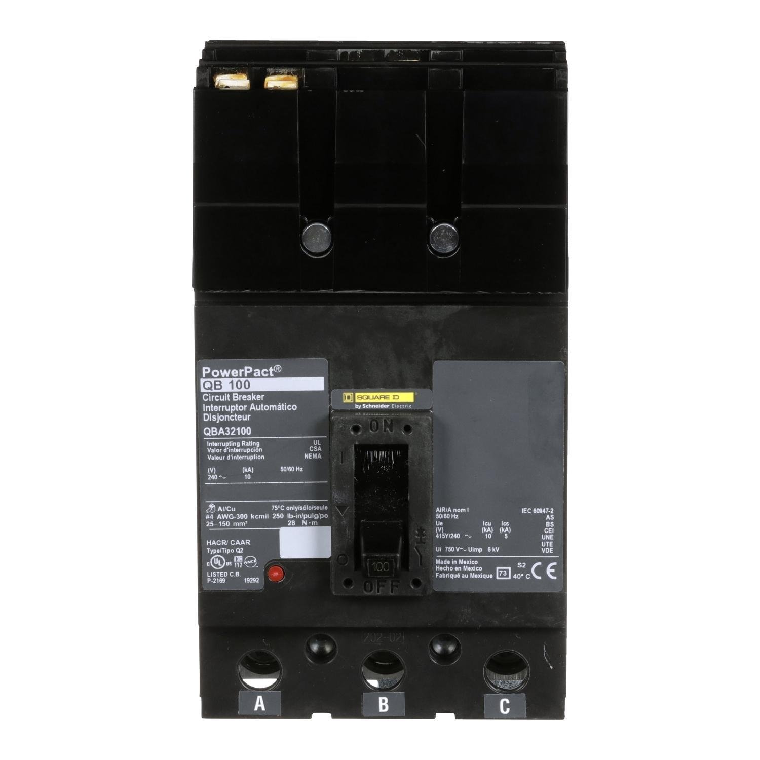 Picture of QBA32100 - Circuit breaker, PowerPacT Q, 100A, 3 pole, 240VAC, 10kA, I-Line, thermal magnetic, 80%, ABC