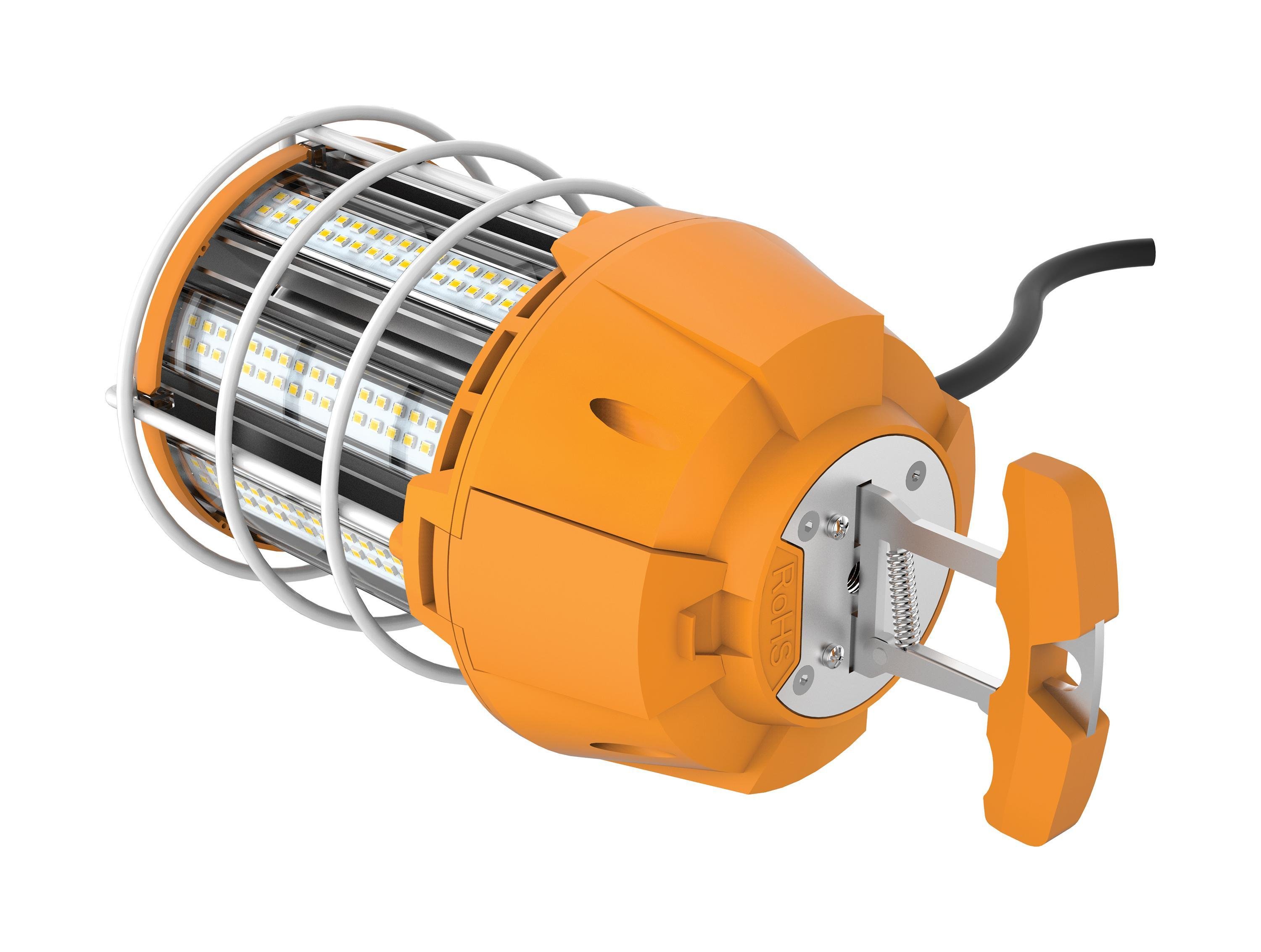 S38946 - 100 Watt LED Hi-Lumen temporary Hi-Bay Caged lamp - 5000K - Integrated Cord / Plug & Hook - 120 Volt