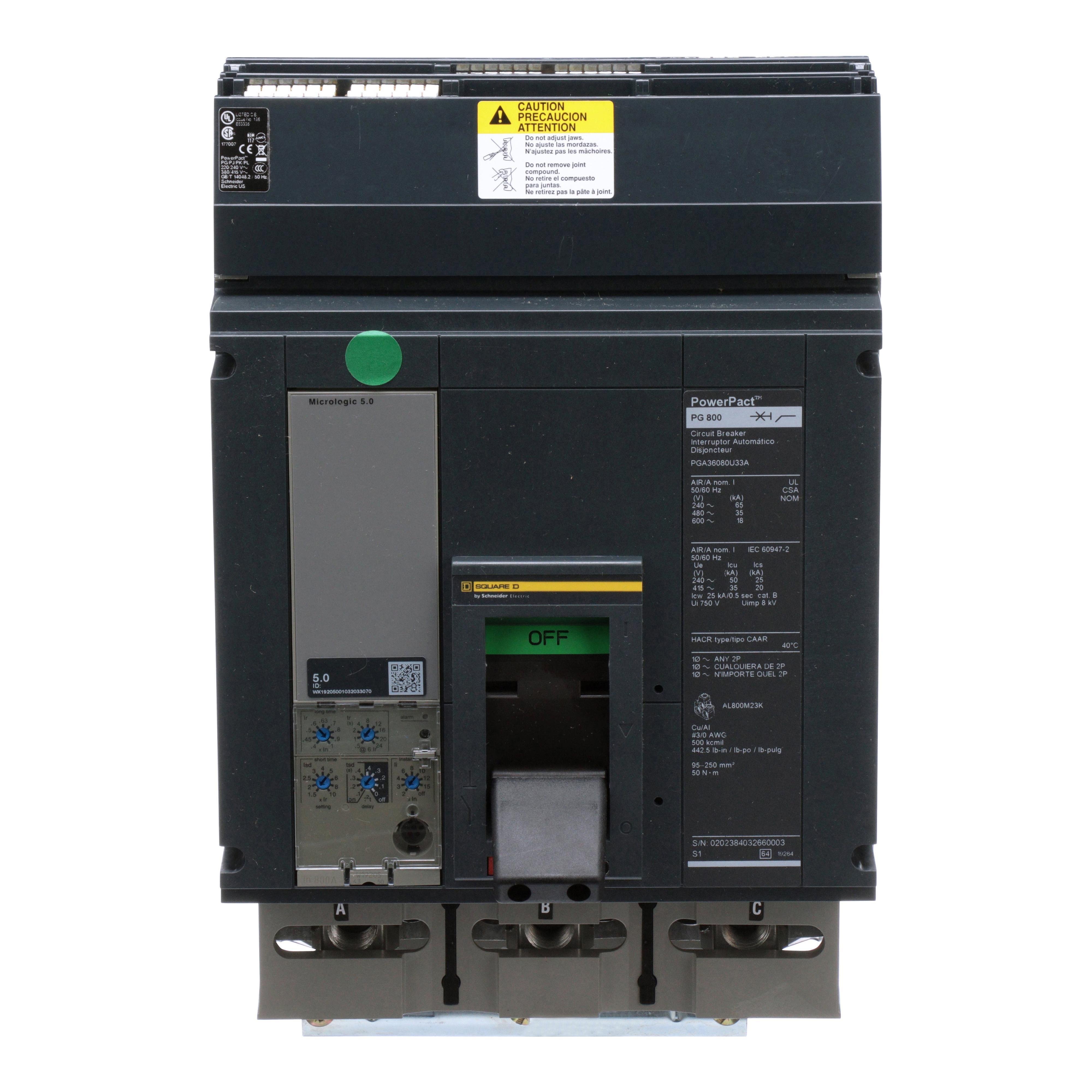 PGA36080U33A - Circuit breaker, PowerPacT P, 800A, 3 pole, 600VAC, 18kA, I-Line, Micrologic 5.0, 100%, ABC