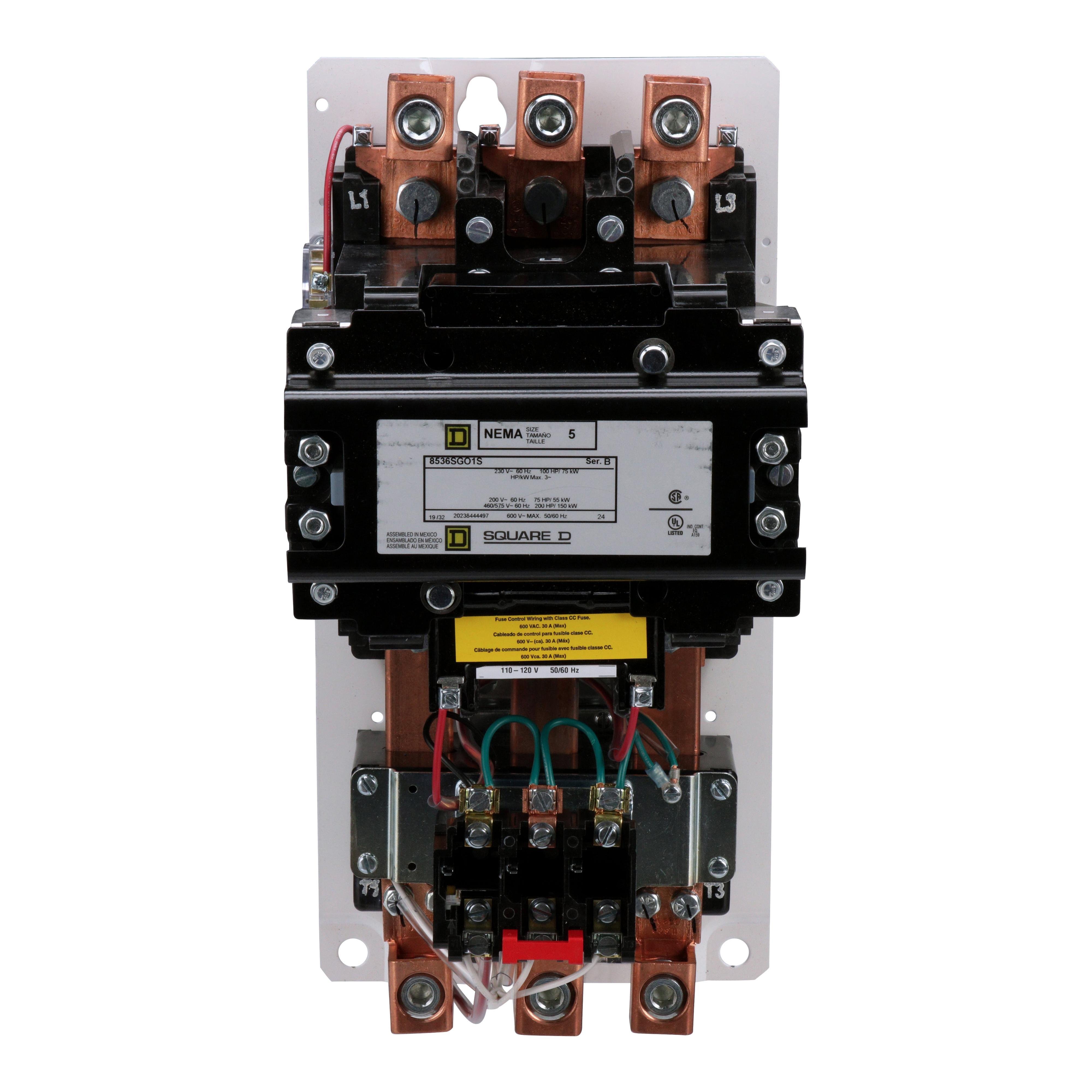 8536SGO1V02S - NEMA motor starter, Type S, nonreversing, Size 5, 270A, 200HP at 460VAC, 10kA SSCR, 3 phase, 3 pole, melting alloy, 120VAC coil, open [TAA]