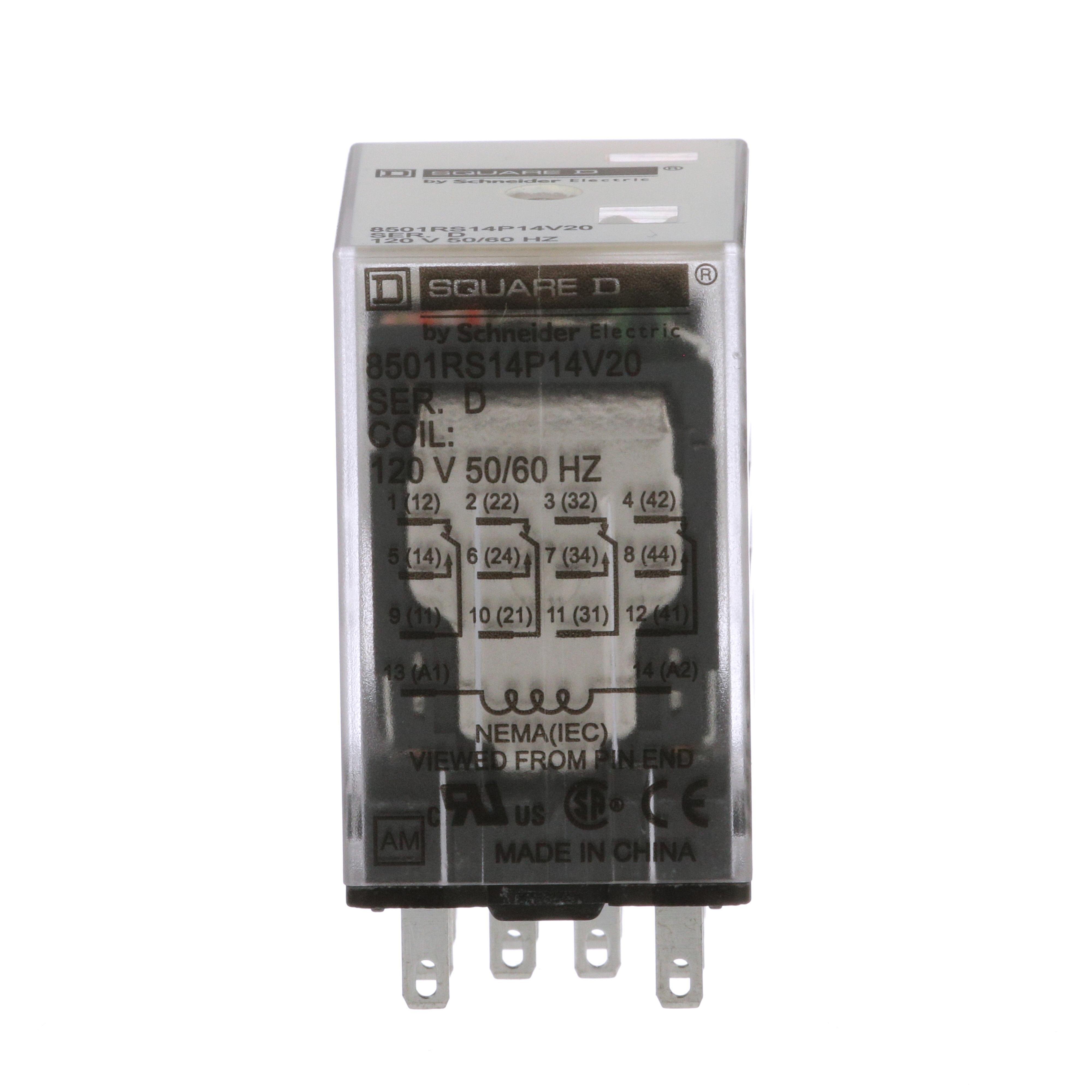 8501RS14P14V20 - Miniature Relay, Harmony 8501R, low voltage, 4PDT, green LED, socket mounting, 120V AC, 4NO+ 4NC