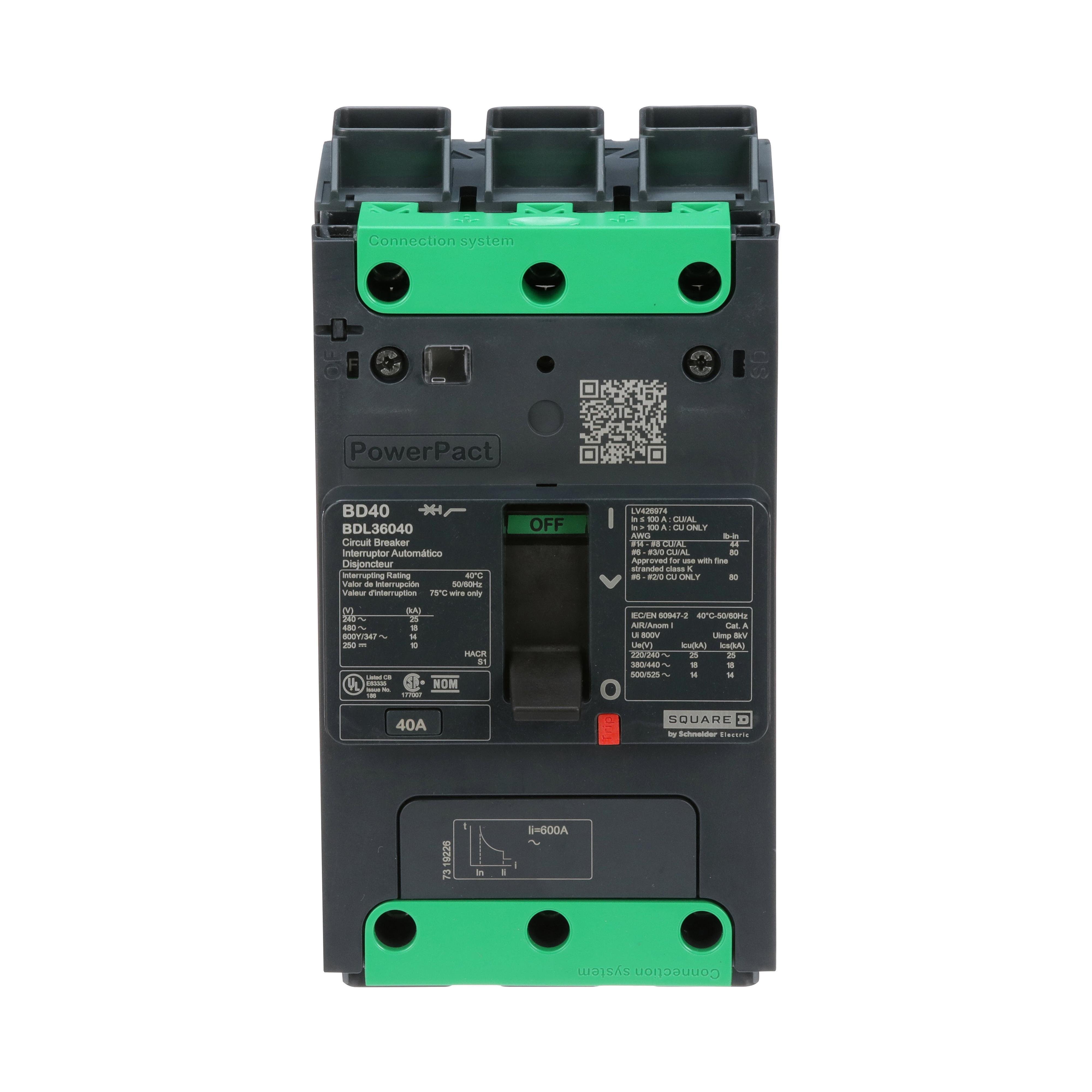 Picture of BDL36040 - Circuit breaker, PowerPacT B, 40A, 3 pole, 600Y/347VAC, 14kA, lugs, thermal magnetic, 80%