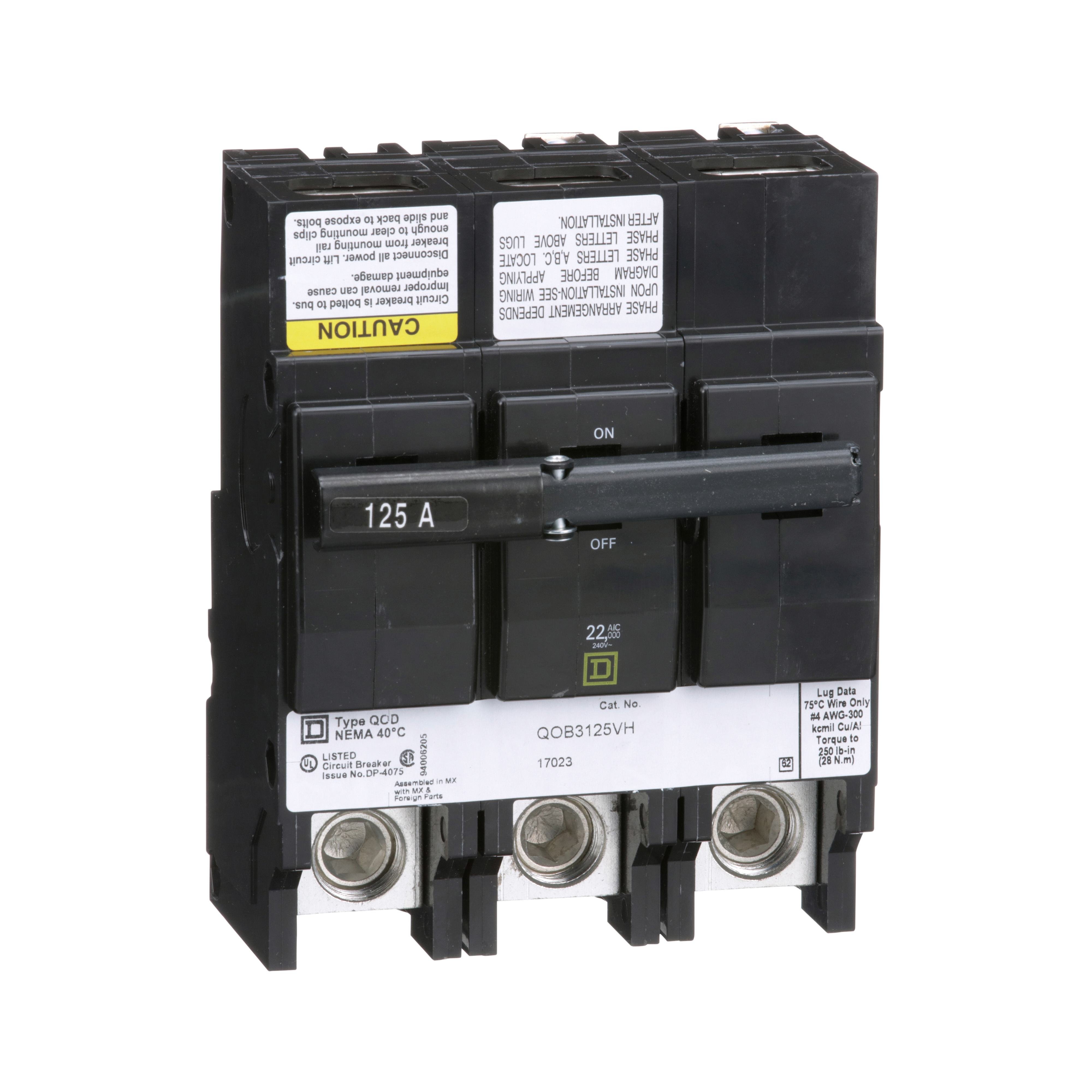 Picture of QOB3125VH - Mini circuit breaker, QO, 125A, 3 pole, 120/240VAC, 22kA, bolt on