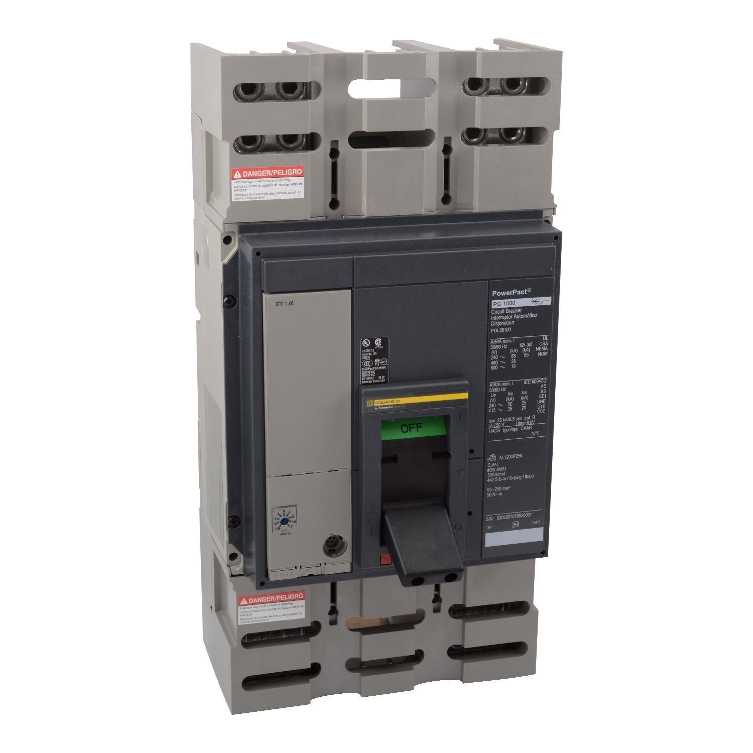 PJL36120U31A - Circuit breaker, PowerPacT P, 1200A, 3 pole, 600VAC, 25kA, lugs, Micrologic 3.0, 80%