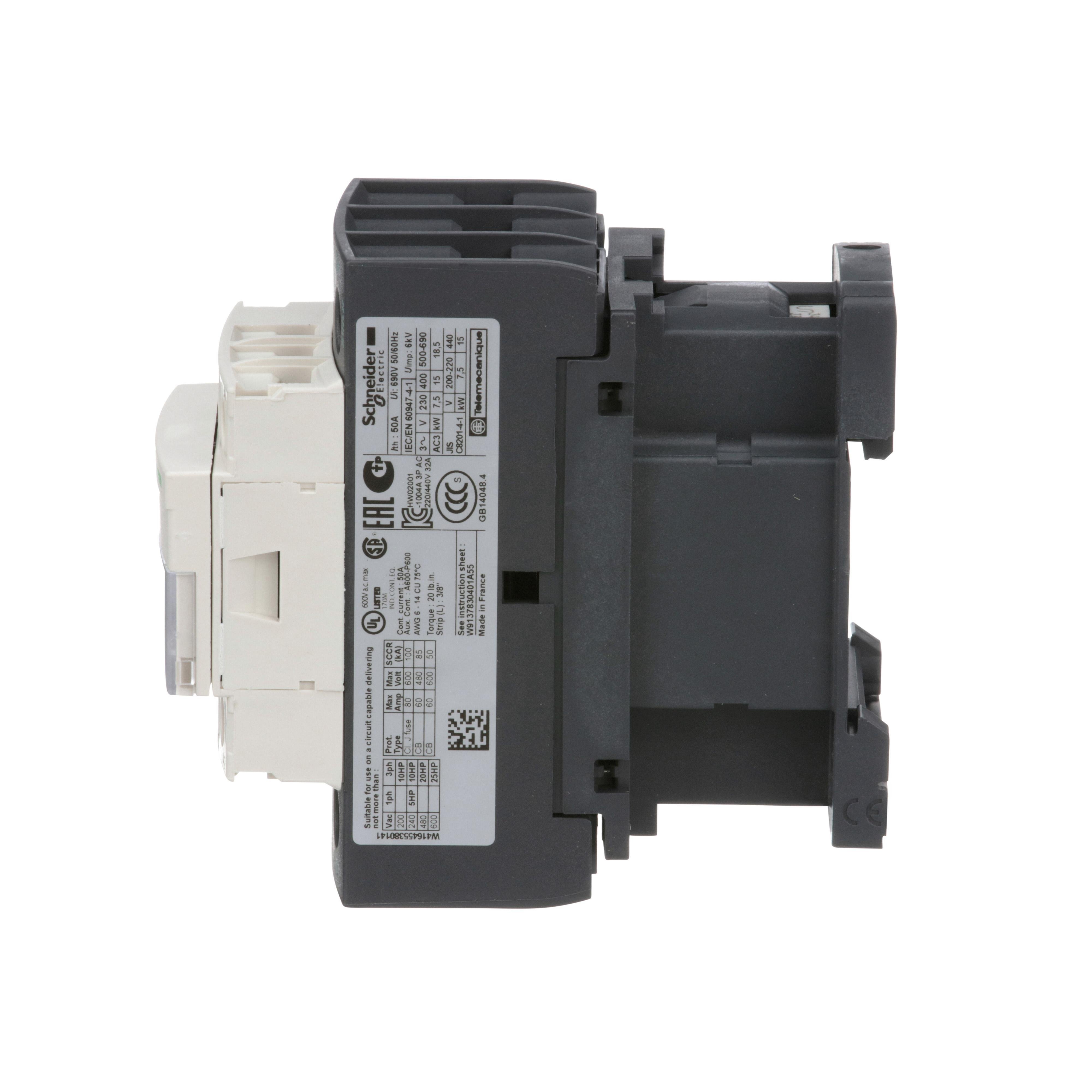 Picture of LC1D32U7 - IEC contactor, TeSys Deca, nonreversing, 32A, 20HP at 480VAC, up to 100kA SCCR, 3 phase, 3 NO, 240VAC 50/60Hz coil, open