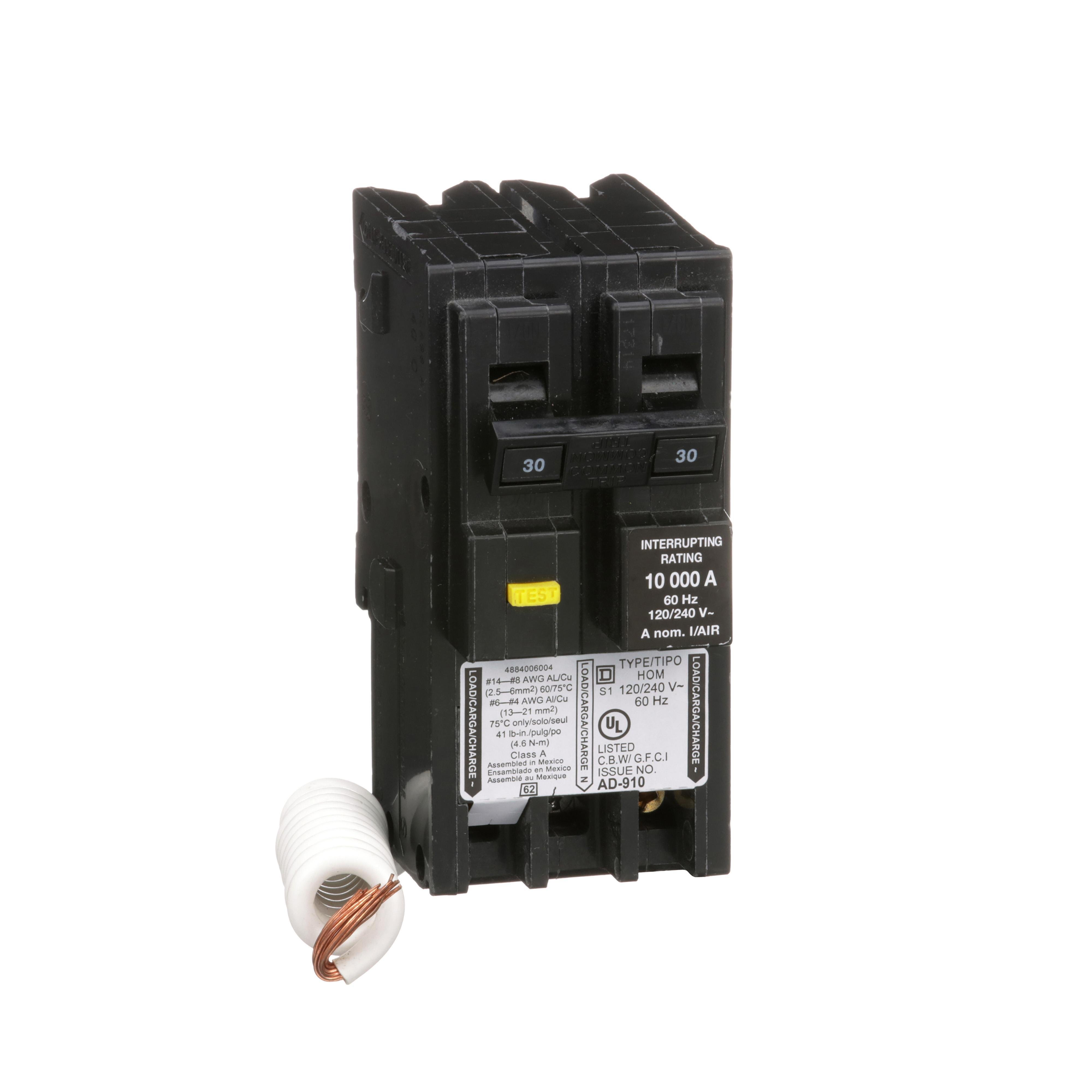 HOM230GFI - [TAA] Mini circuit breaker, Homeline, 30A, 2 pole, 120/240VAC, 10kA AIR, ground fault class A, plug in, UL