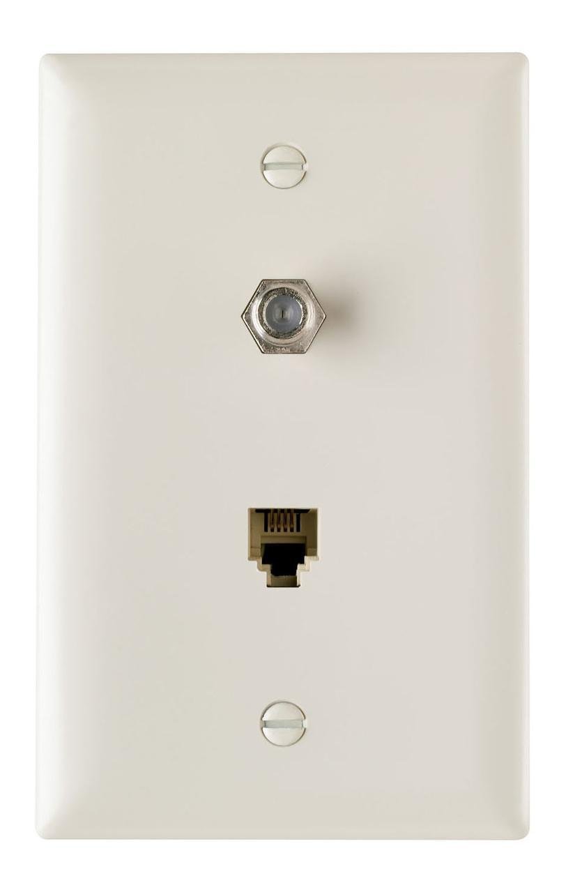 TPTELTVLA - 1-Gang Pre-configured Wall Plate with One RJ11 Telephone Jack and One F-Type Coupler, Light Almond