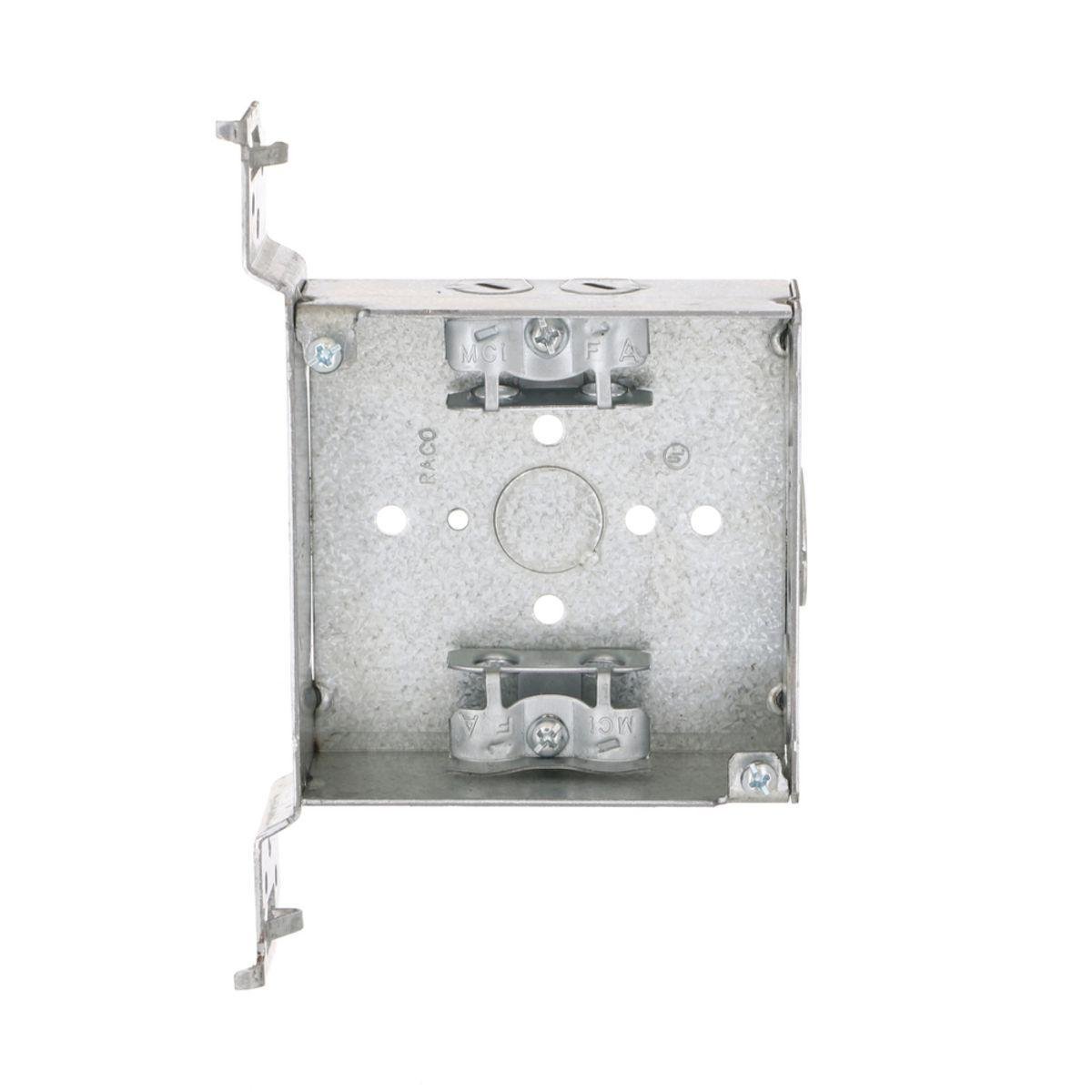 Picture of 218 - 4 in. Square Box, Welded, 1-1/2 in. Deep with AC/MC/Flex Clamps, Three 1/2 in. KO's and One TKO, UBS, FS Bracket, Flush