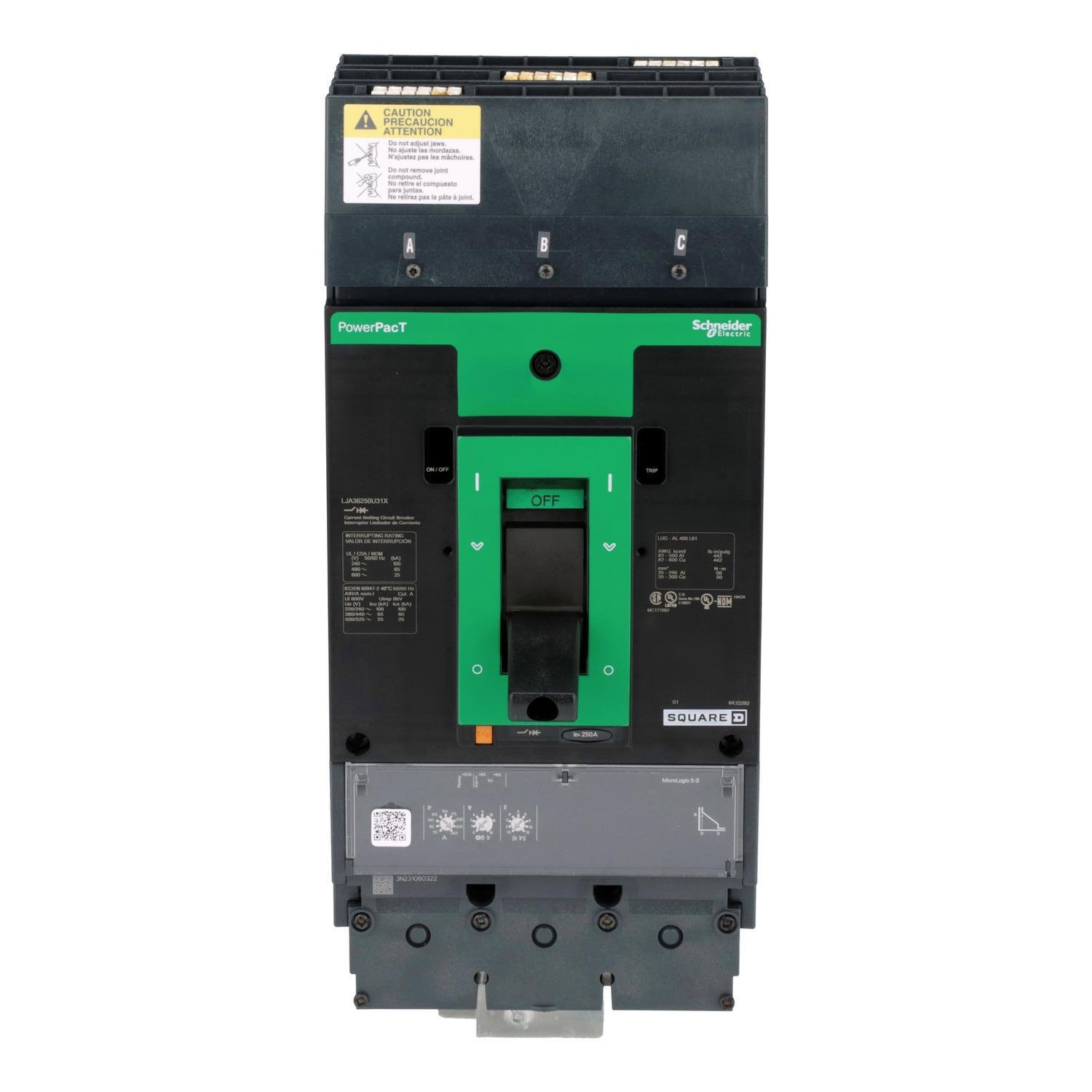 LJA36250U31X - Circuit breaker, PowerPacT L, 250A, 3 pole, 600VAC, 25kA, I-Line, MicroLogic 3.3, 80%, ABC