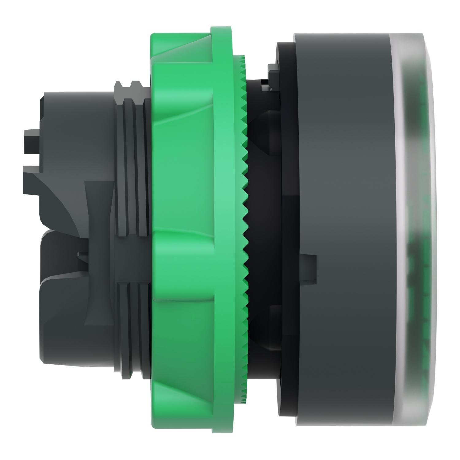 Picture of ZB5AW333 - Head for illuminated push button, Harmony XB5, plastic, green flush, 22mm, universal LED, spring return, plain lens