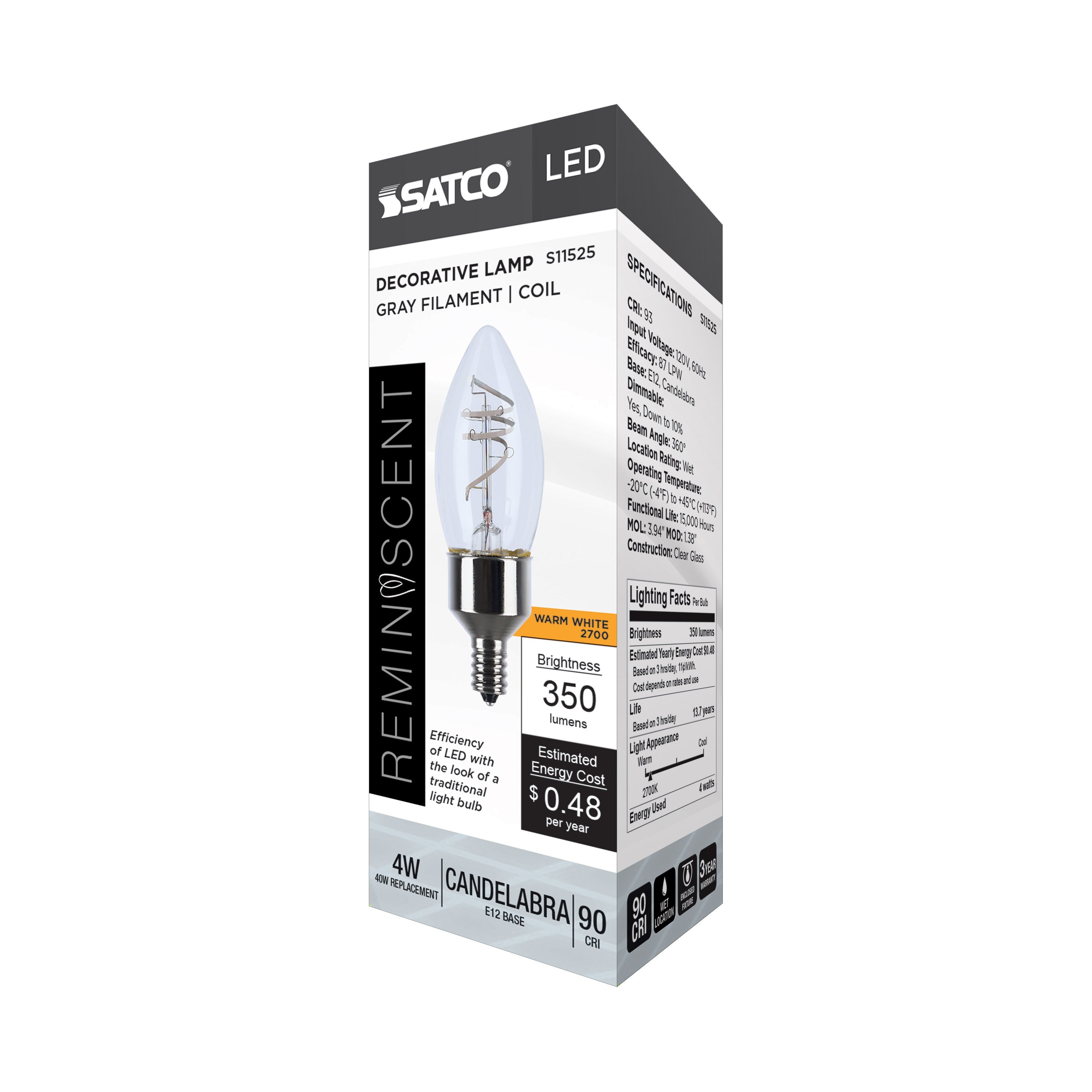 Picture of S11525 - 4 Watt LED - Reminiscent - Flex Gray Coil Filament - B11 - Candelabra Base - 2700K CCT - Clear - 120 Volt