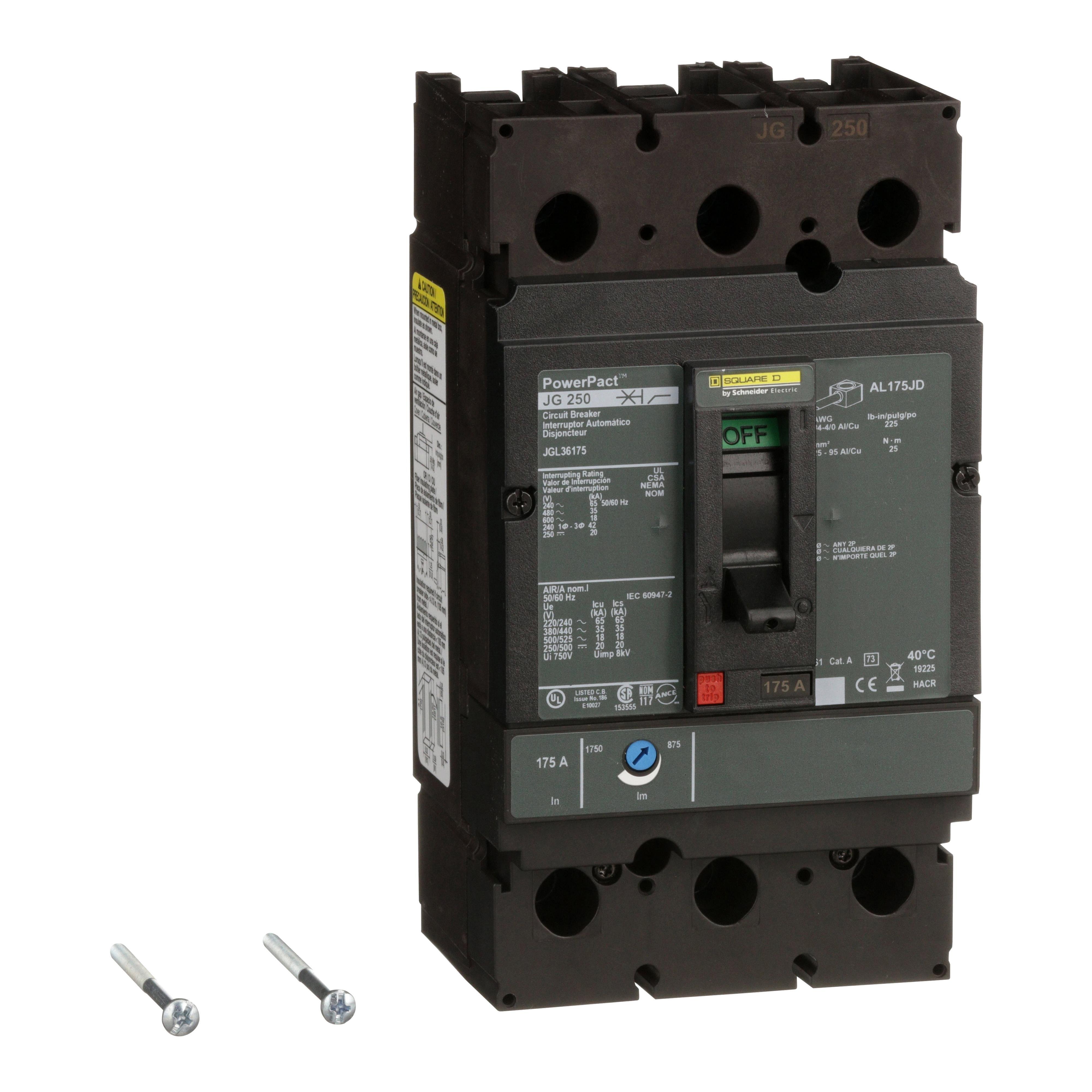 JGL36175 - Circuit breaker, PowerPacT J, 175A, 3 pole, 600VAC, 18kA, lugs, thermal magnetic, 80%