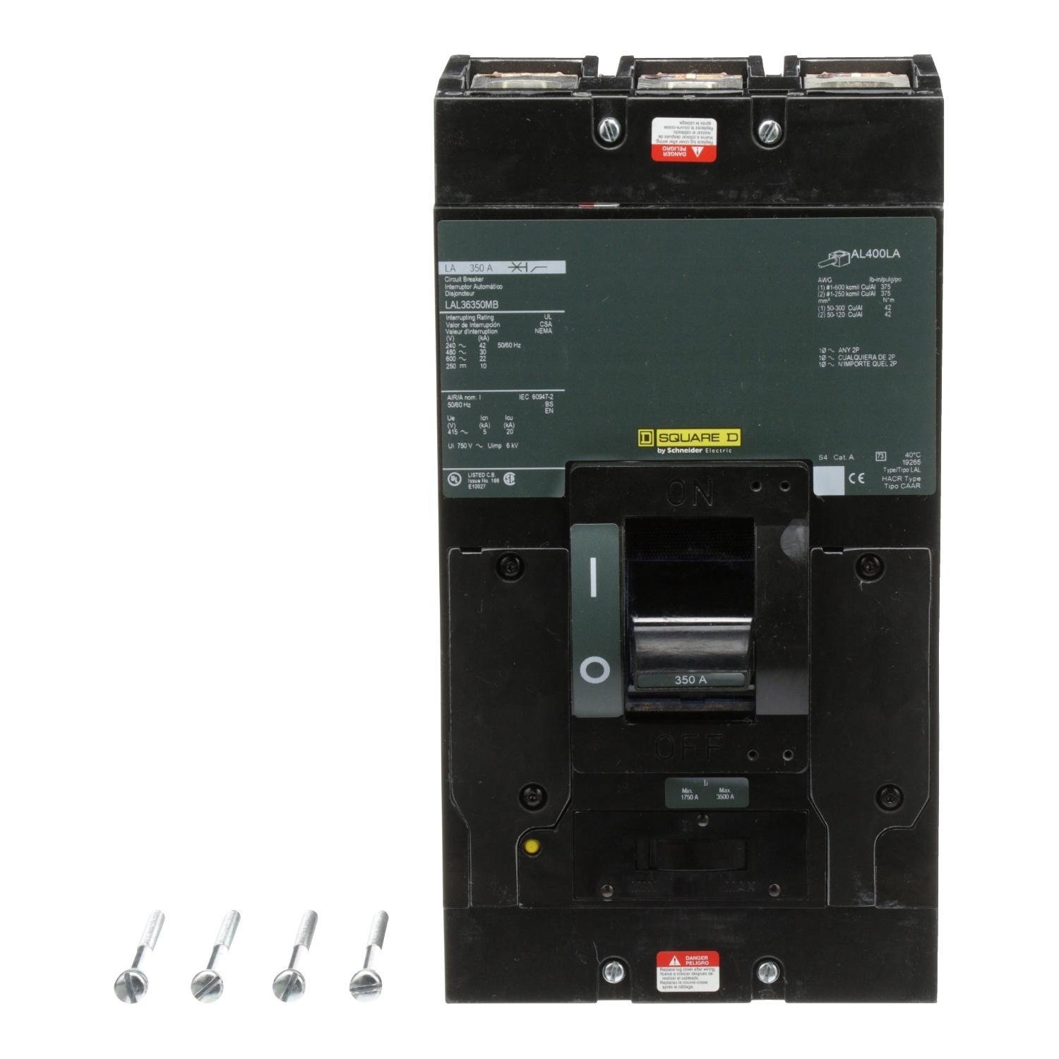 LAL36350MB - Circuit breaker, LA, 350A, 3 pole, 600VAC, 22kA, 250VDC, 10kA, lugs, thermal magnetic, short handle