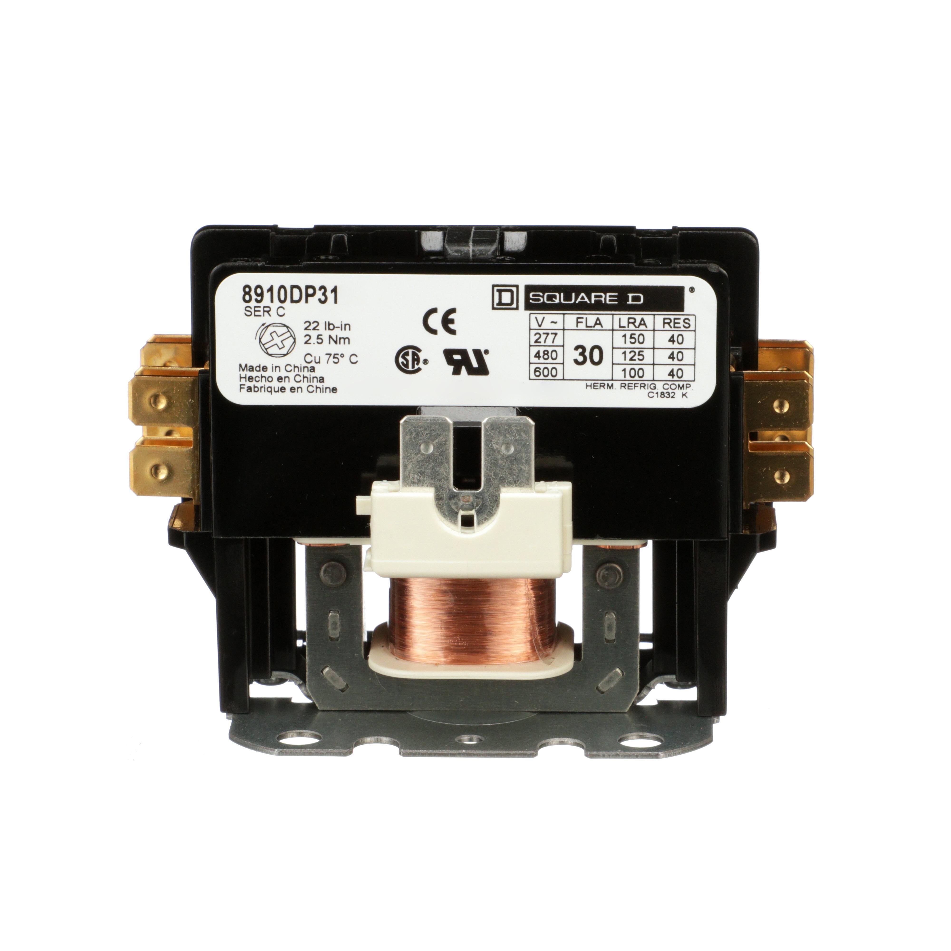 Picture of 8910DP31V02 - Contactor, Definite Purpose, 30A, 1 pole, 110/120VAC 50/60Hz coil, open