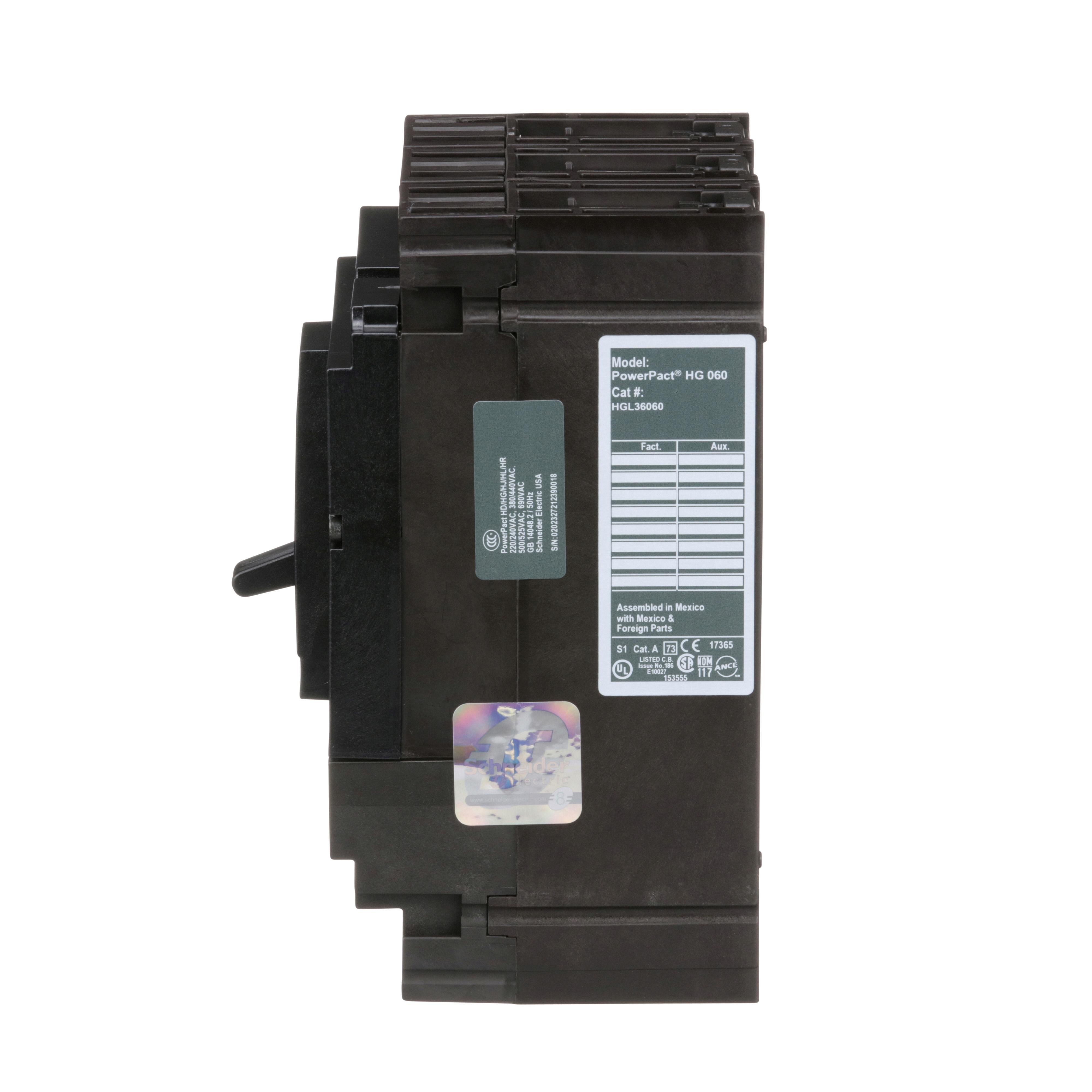 Picture of HGL36060 - Circuit breaker, PowerPacT H, 60A, 3 pole, 600VAC, 18kA, lugs, thermal magnetic, 80%
