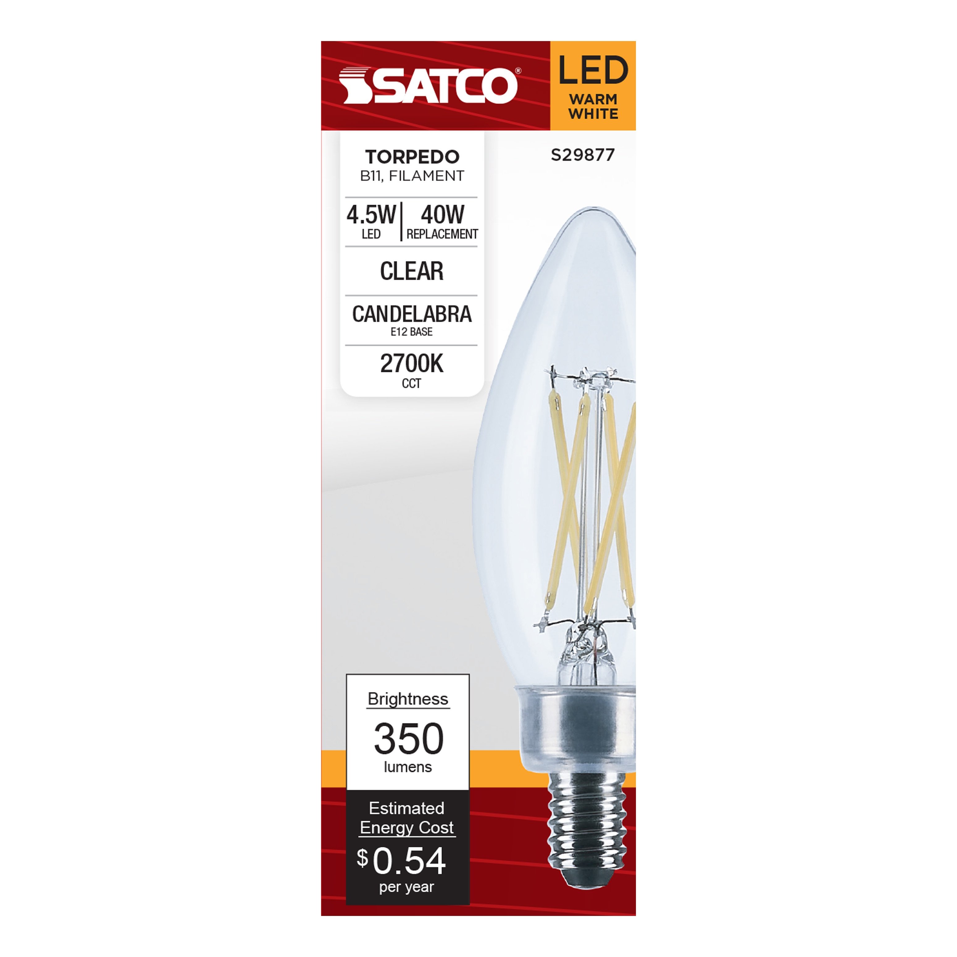 Picture of S29877 - 4.5 Watt B11 LED - Clear - Candelabra base - 2700K - 350 Lumens - 120 Volt