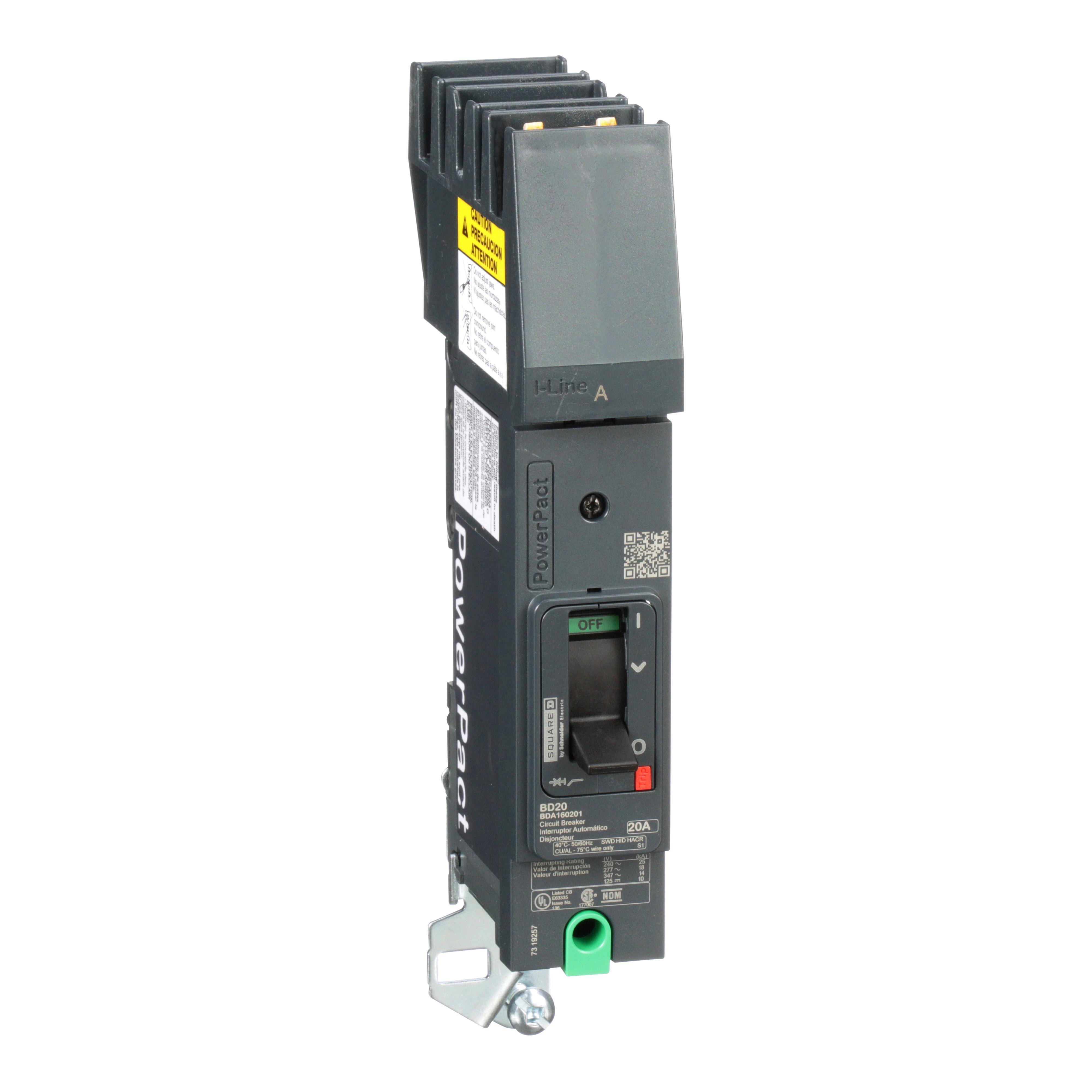 BDA160201 - Circuit breaker, PowerPacT B, 20A, 1 pole, 600Y/347VAC, 14kA, I-Line, thermal magnetic, 80%, A