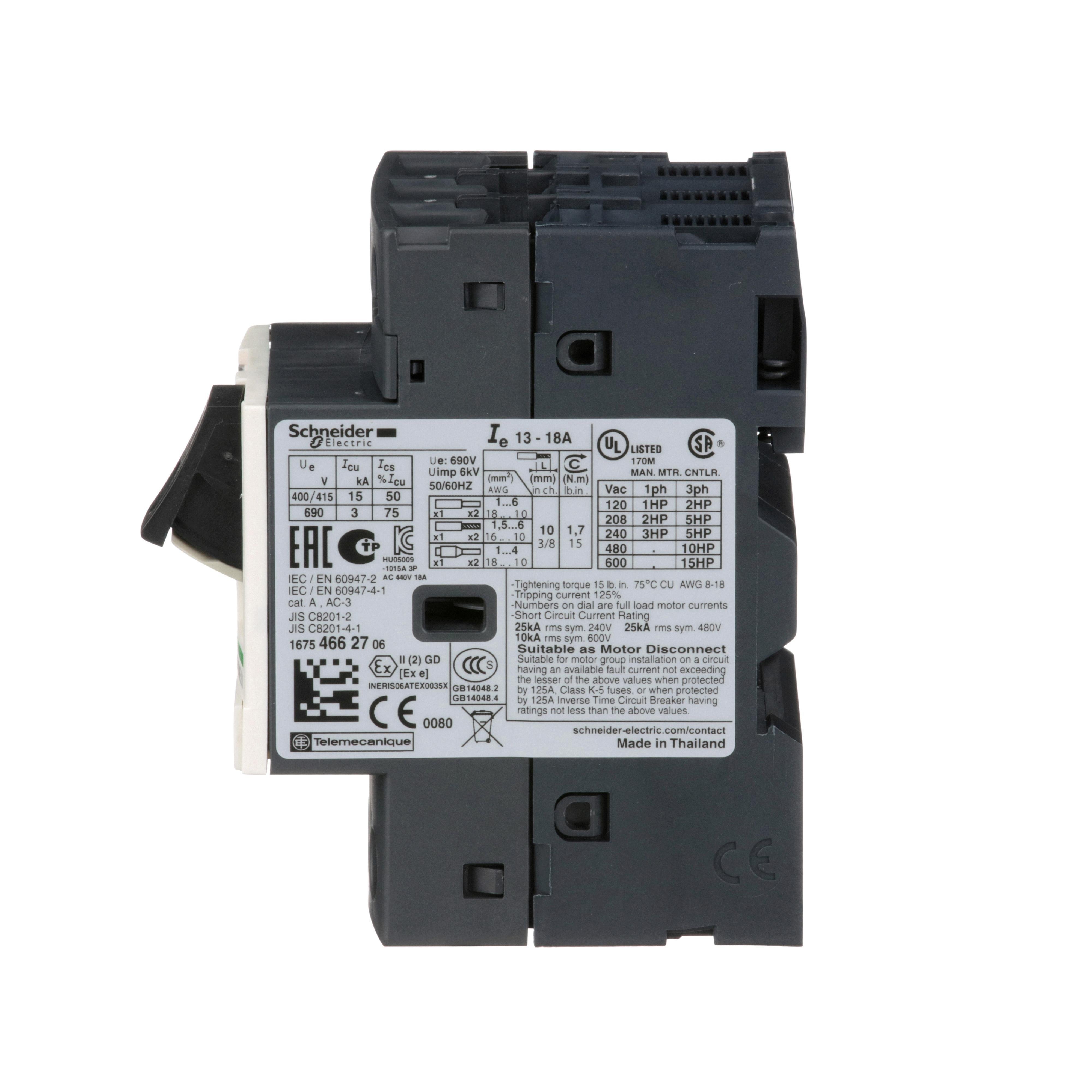 Picture of GV2ME20 - TeSys Deca Manual Starter and Protector, thermal magnetic circuit protector, push buttons, 13 to 18 A, screw clamp