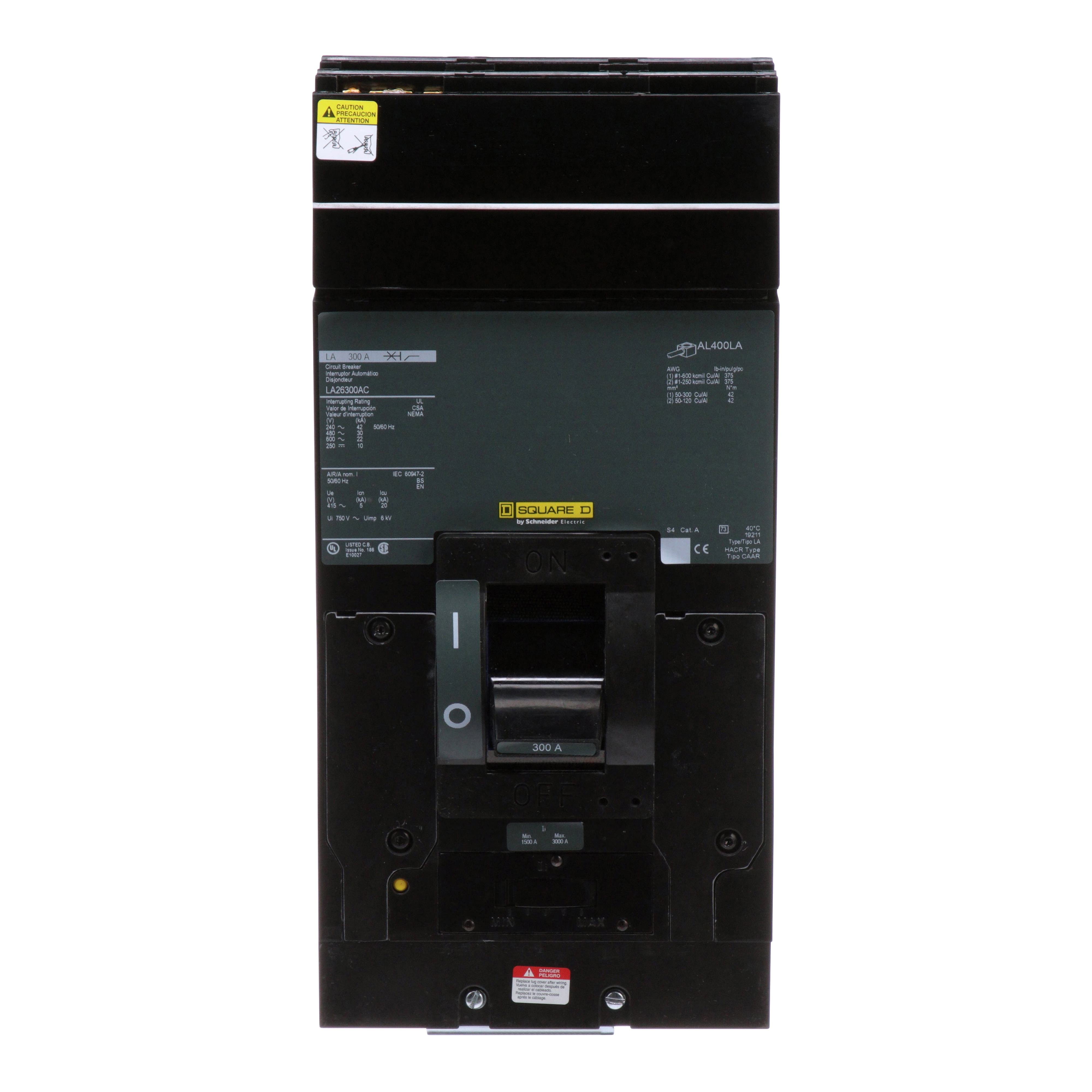Picture of LHP36400MB - Circuit breaker, LH, 400A, 3 pole, 600VAC, 25kA, 250VDC, 50kA, lugs, thermal magnetic, short handle