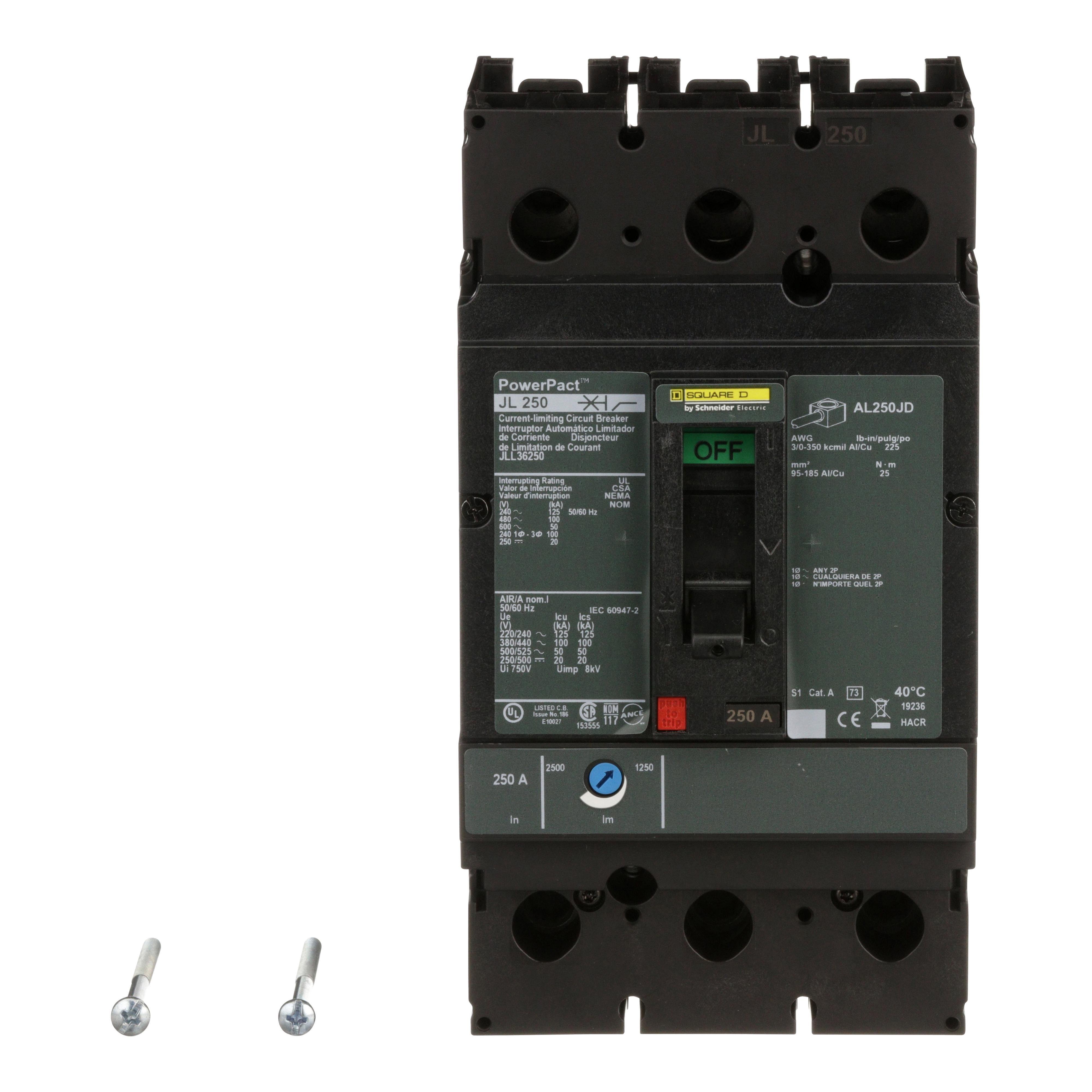 Picture of JLL36250 - Circuit breaker, PowerPacT J, 250A, 3 pole, 600VAC, 50kA, lugs, thermal magnetic, 80%