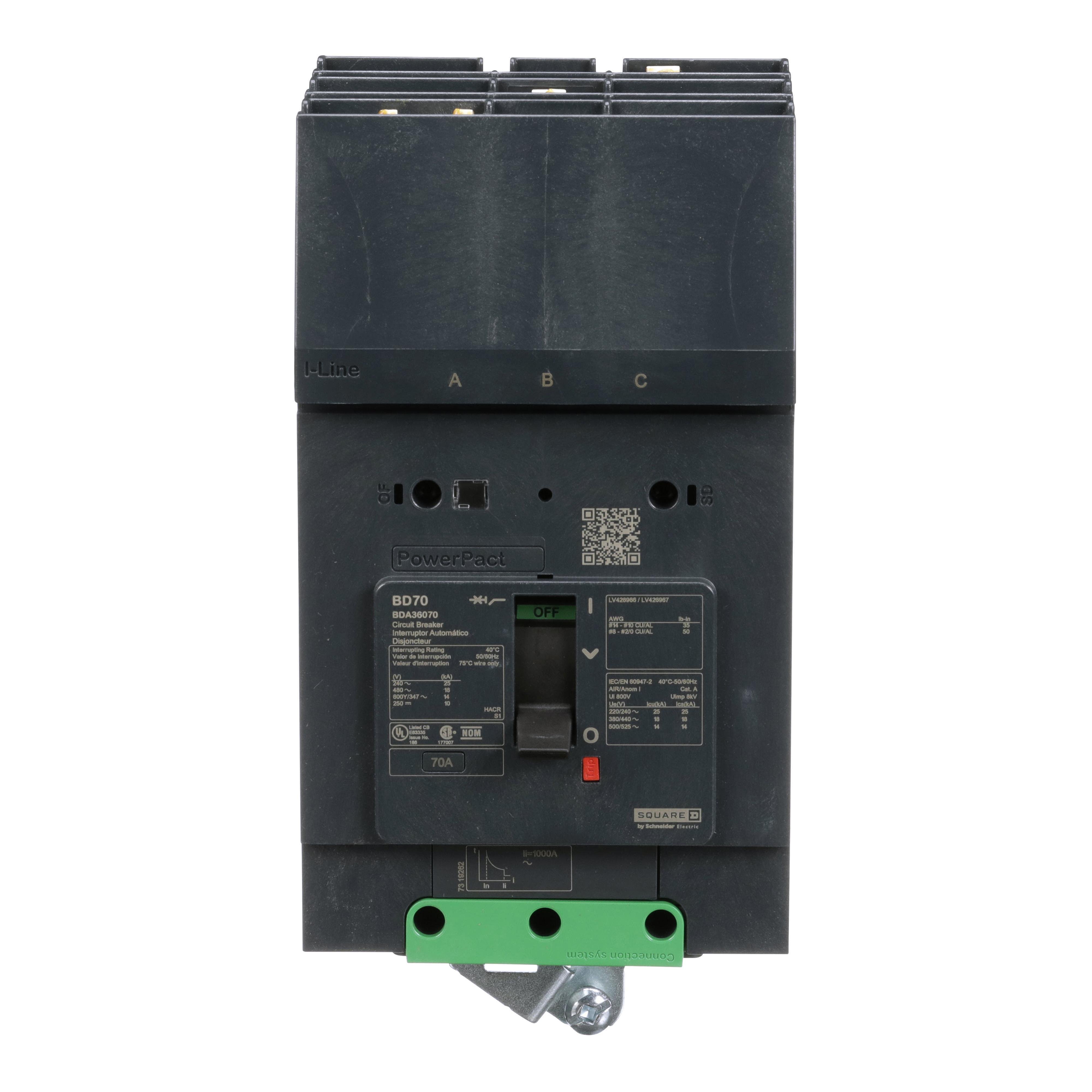 BDA36070 - Circuit breaker, PowerPacT B, 70A, 3 pole, 600Y/347VAC, 14kA, I-Line, thermal magnetic, 80%, ABC