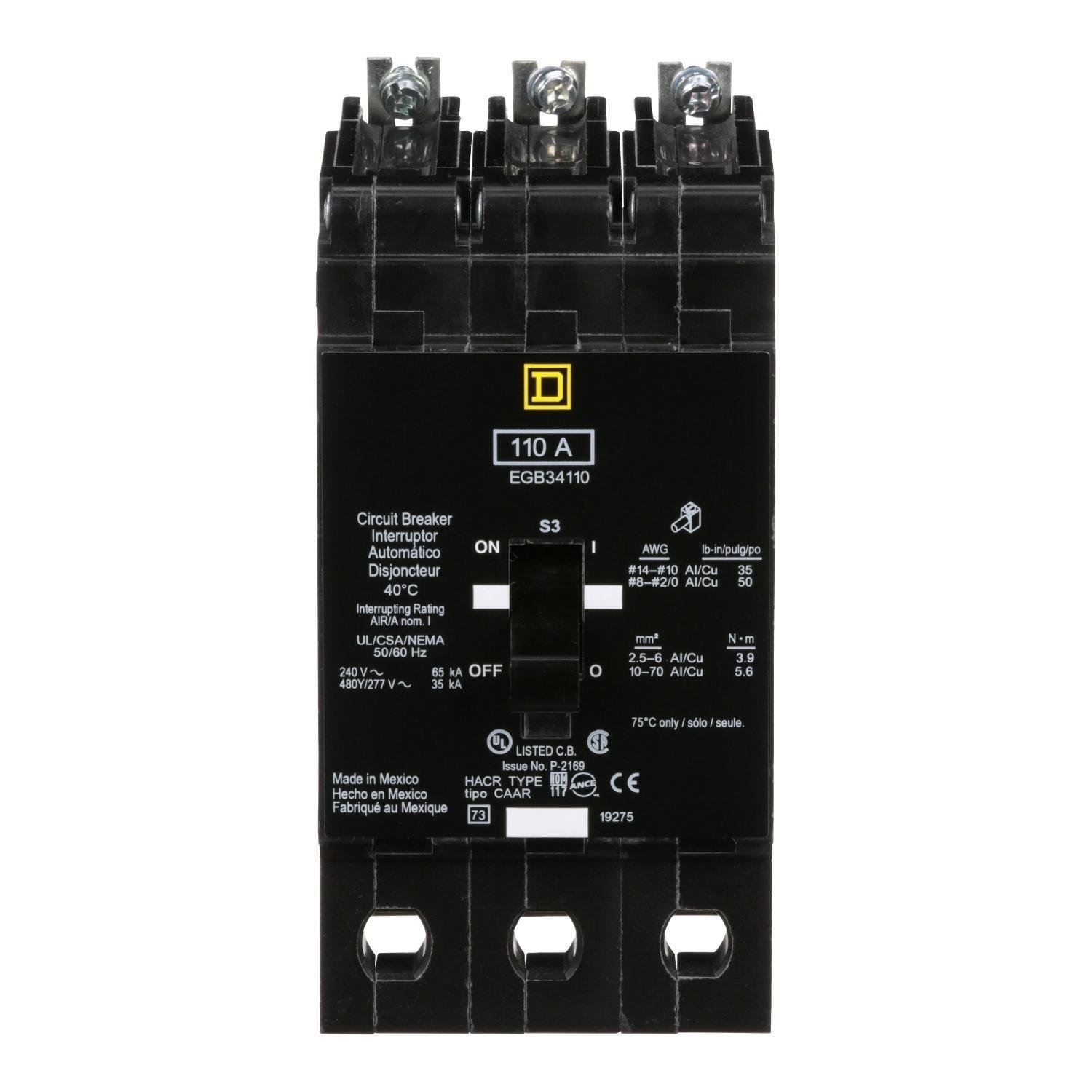 EGB34110 - Mini circuit breaker, E-Frame, 110A, 3 pole, 480Y/277VAC, 65kA max, bolt on [TAA]