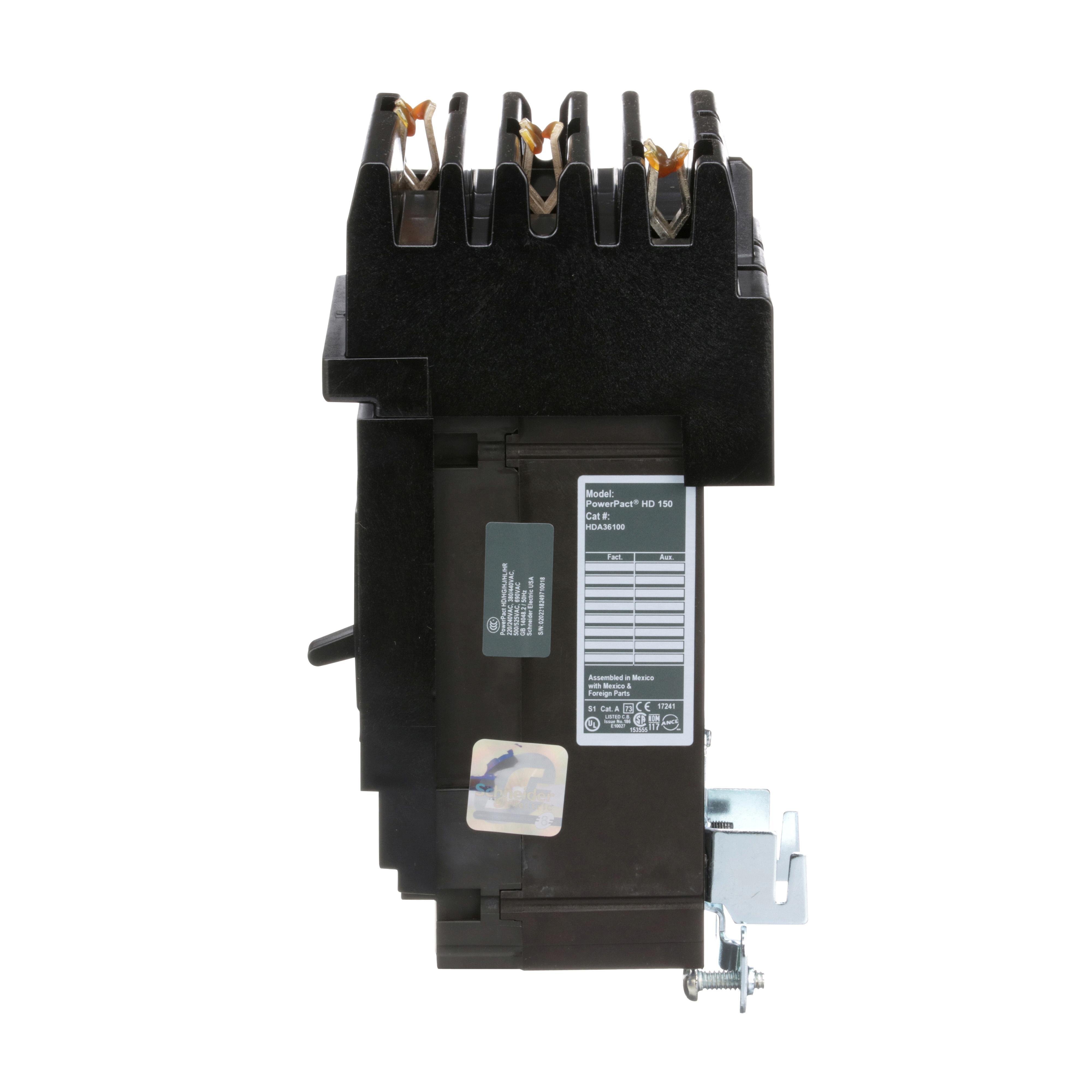 Picture of HDA36100 - Circuit breaker, PowerPacT H, 100A, 3 pole, 600VAC, 14kA, I-Line, thermal magnetic, 80%, ABC