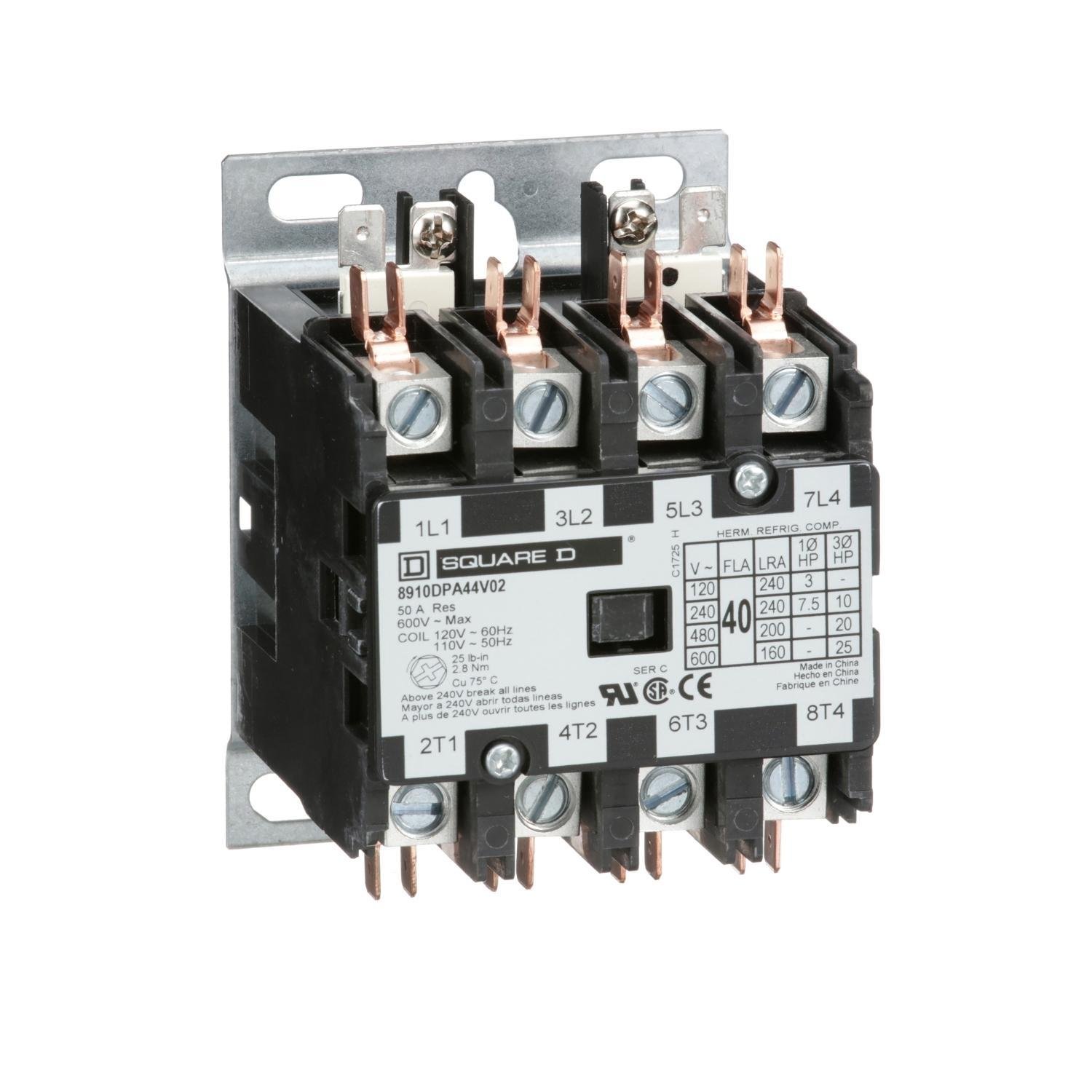 Picture of 8910DPA44V02 - Contactor, Definite Purpose, 40A, 4 pole, 25HP at 575VAC, 3 phase, 110/120VAC 50/60Hz coil, open