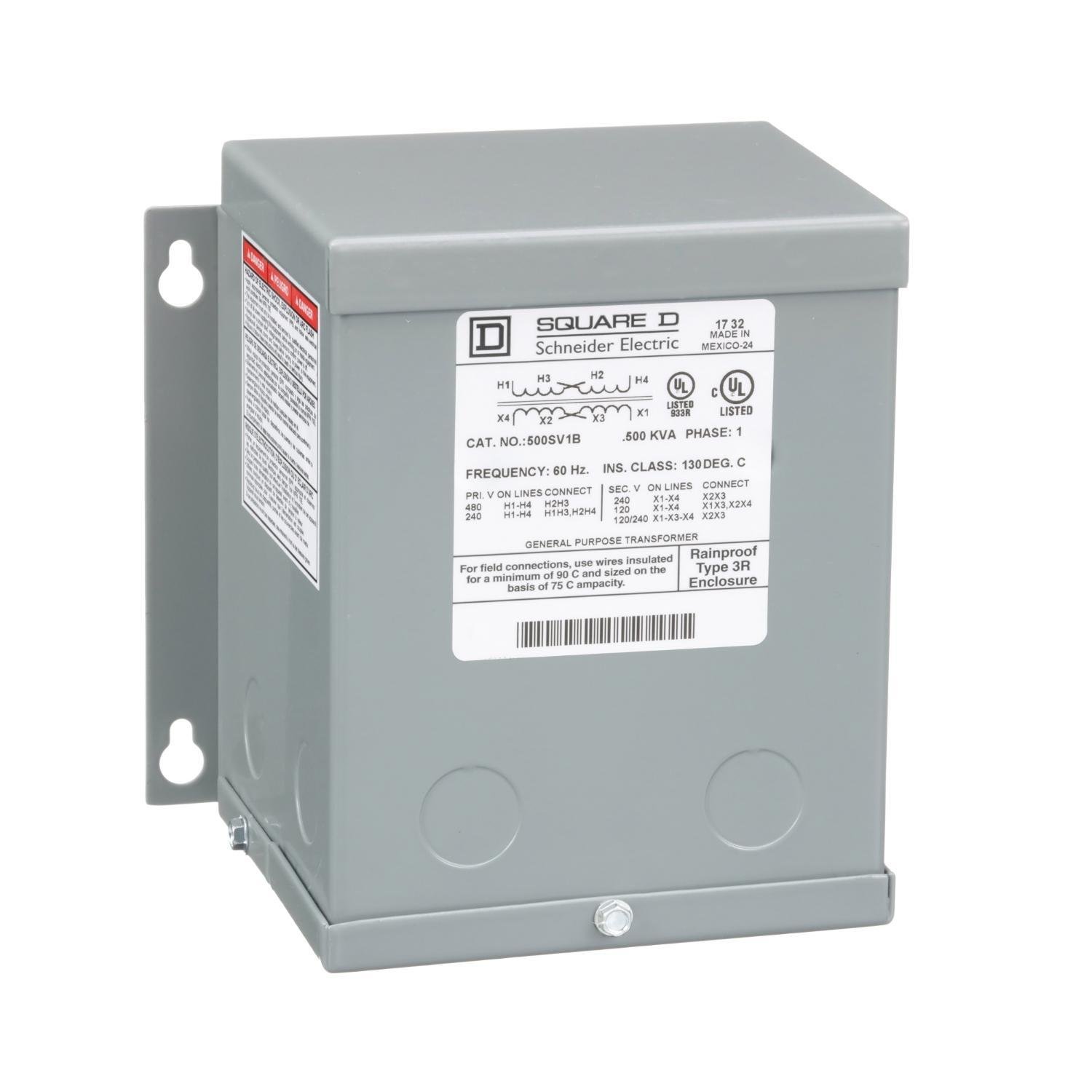 500SV1B - [TAA] Transformer, dry type, encapsulated, 0.5kVA, 1 phase, 240x480V primary, 120/240V secondary, 5A, 55C rise
