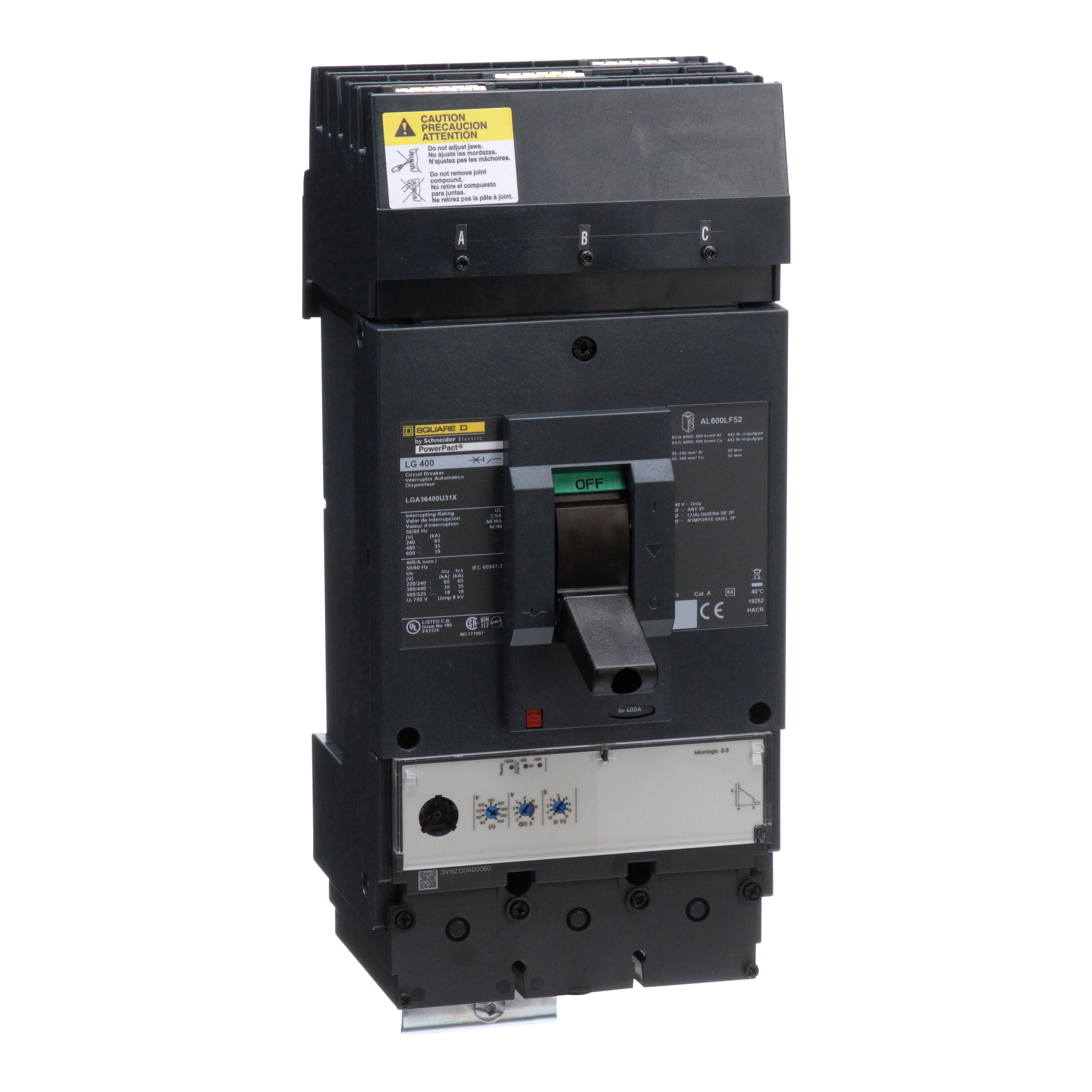 LGA36400U31X - Circuit breaker, PowerPacT L, 400A, 3 pole, 600VAC, 18kA, I-Line, Micrologic 3.3, 80%, ABC