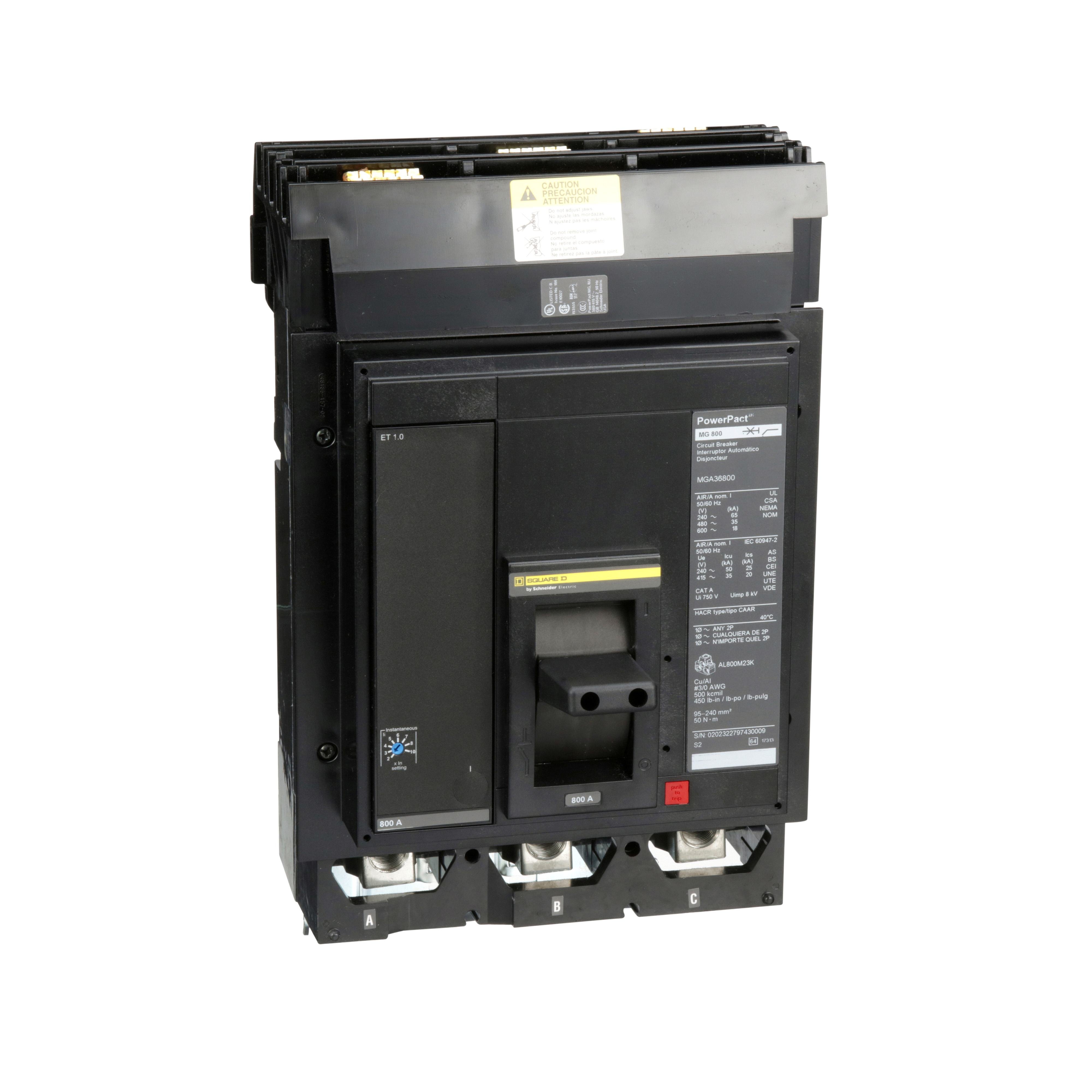 Picture of MGA36800 - Circuit breaker, PowerPacT M, 800A, 3 pole, 600VAC, 18kA, I-Line, ET 1.0, 80%, ABC