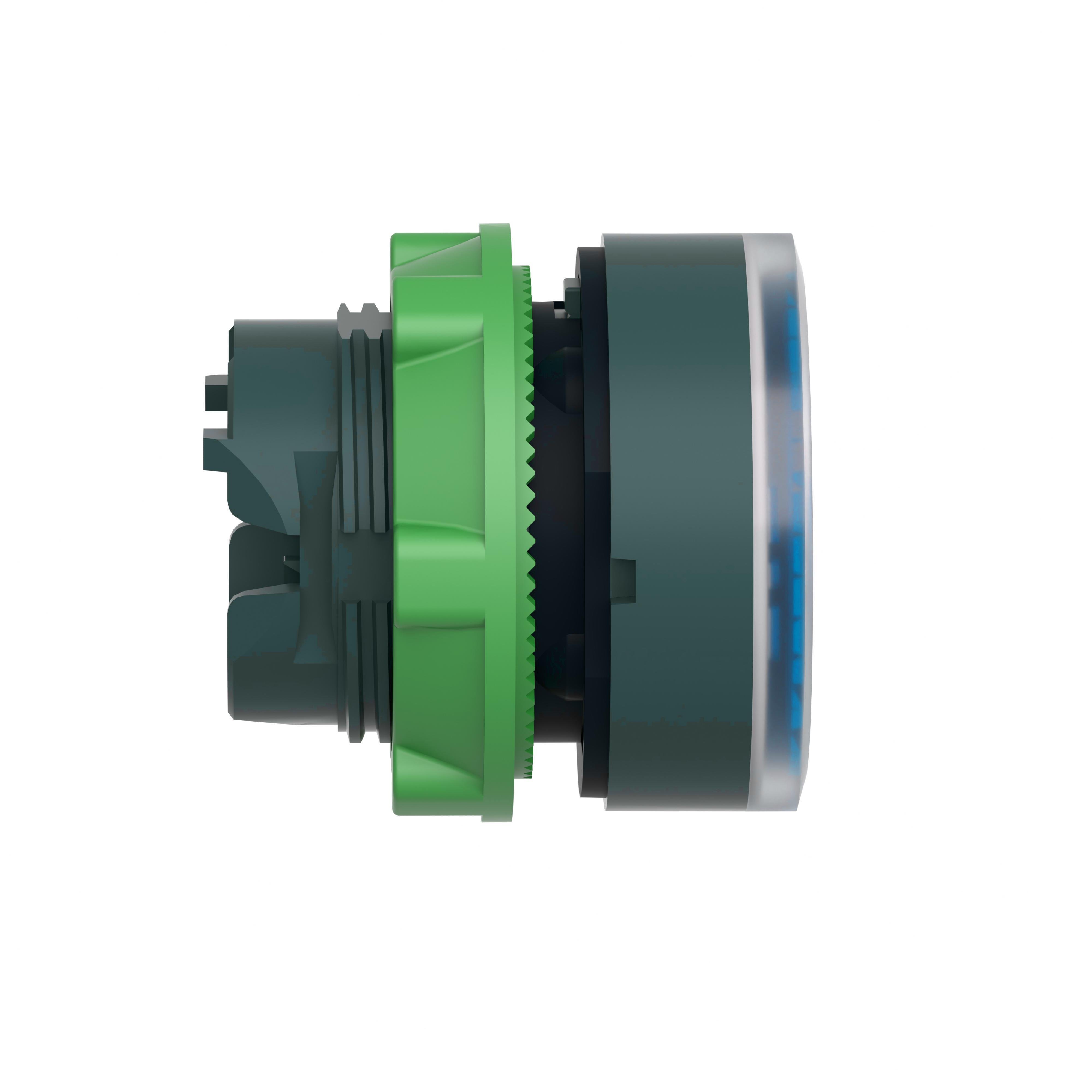 Picture of ZB5AW363 - Head for illuminated push button, Harmony XB5, plastic, blue flush, 22mm, universal LED, spring return, plain lens