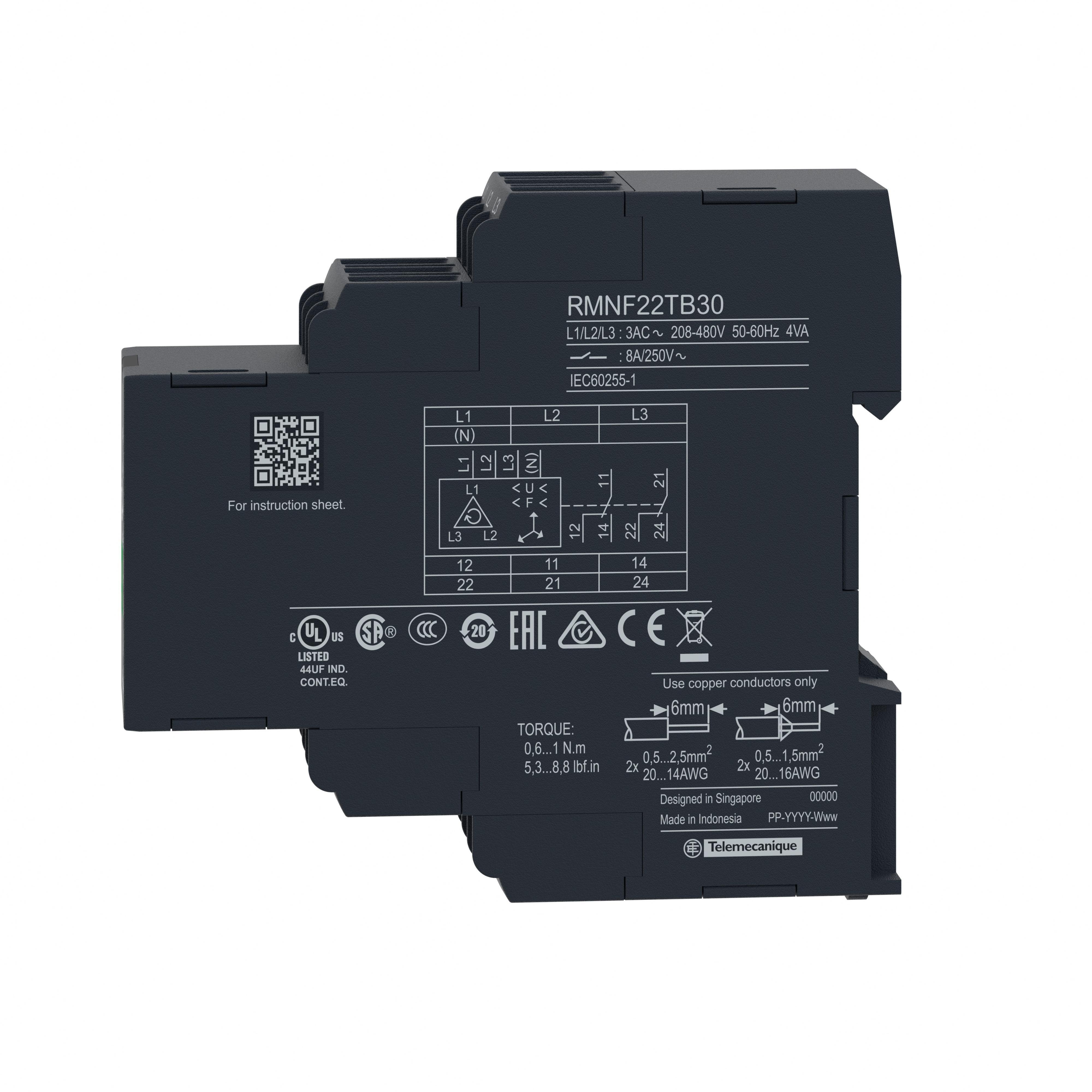 Picture of RMNF22TB30 - 3-phase control relay, Harmony Control Relays, 8A, 2CO, overfrequency and underfrequency, 208...480V AC